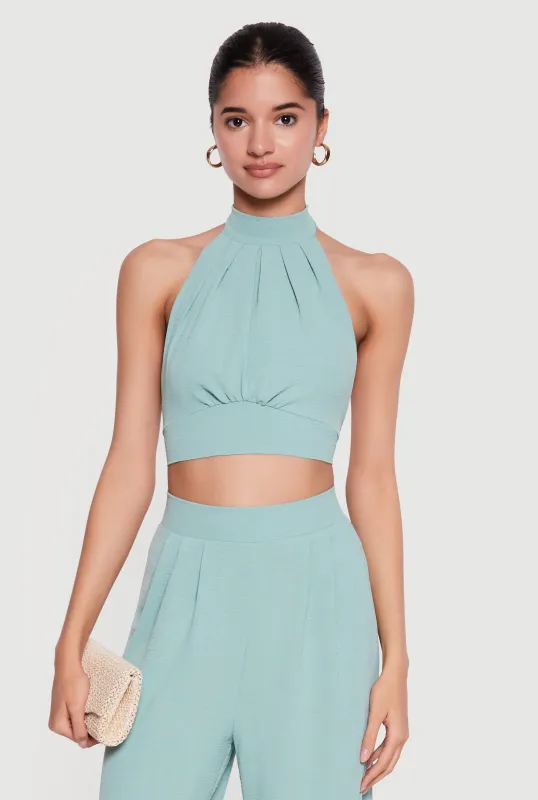 Ruched Tie Back Crepe Knit Halter Crop Top made by Rainbow