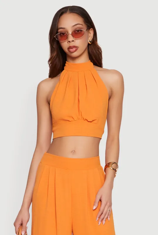 Ruched Tie Back Crepe Knit Halter Crop Top made by Rainbow