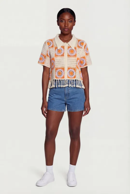 Pom Pom Fringe Hem Crochet Top made by Rainbow