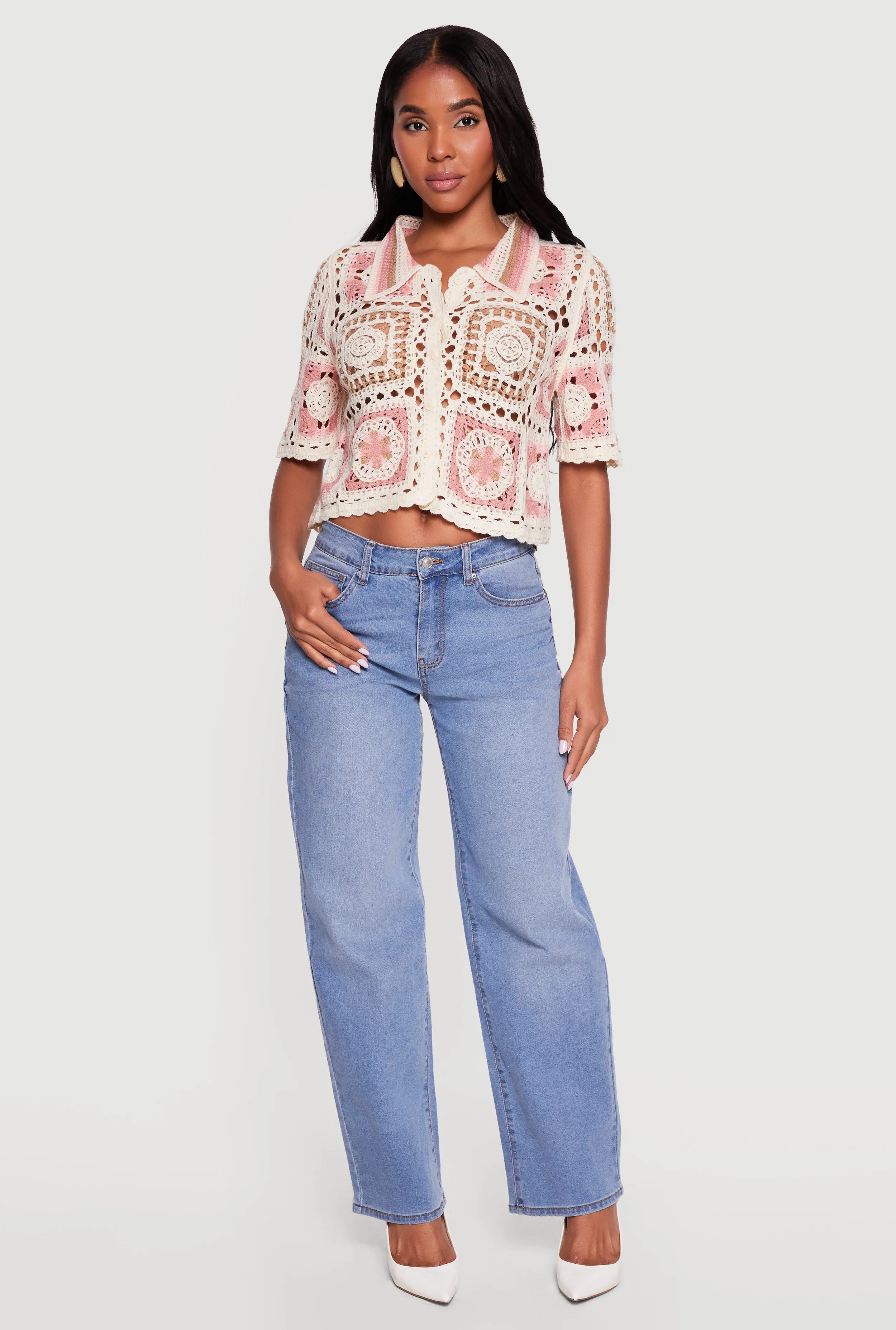 Scallop Trim Button Front Crochet Top sold by Rainbow