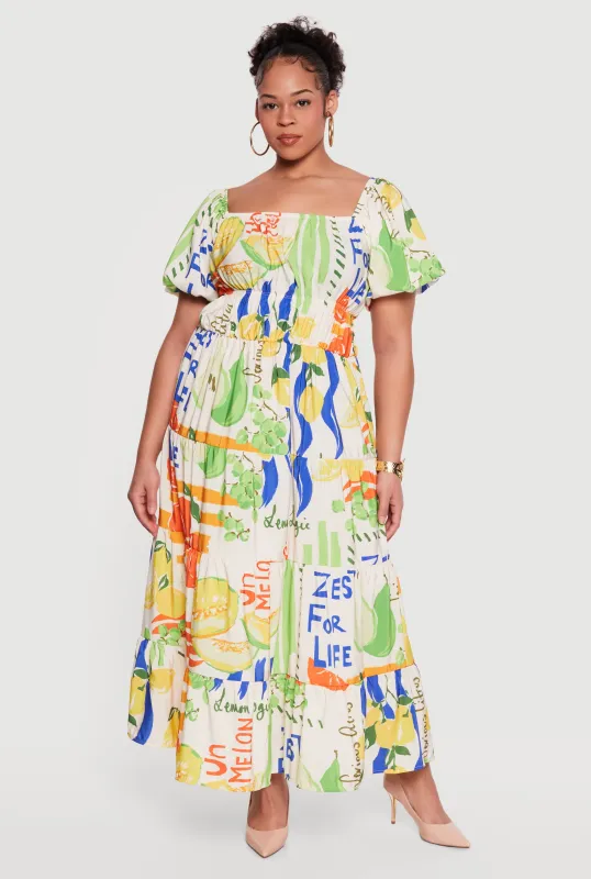 Plus Size Fruit Print Bubble Sleeve Tiered Maxi Dress made by Rainbow