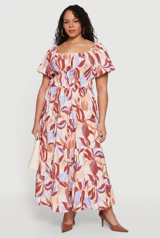 Plus Size Patterned Bubble Sleeve Tiered Maxi Dress made by Rainbow