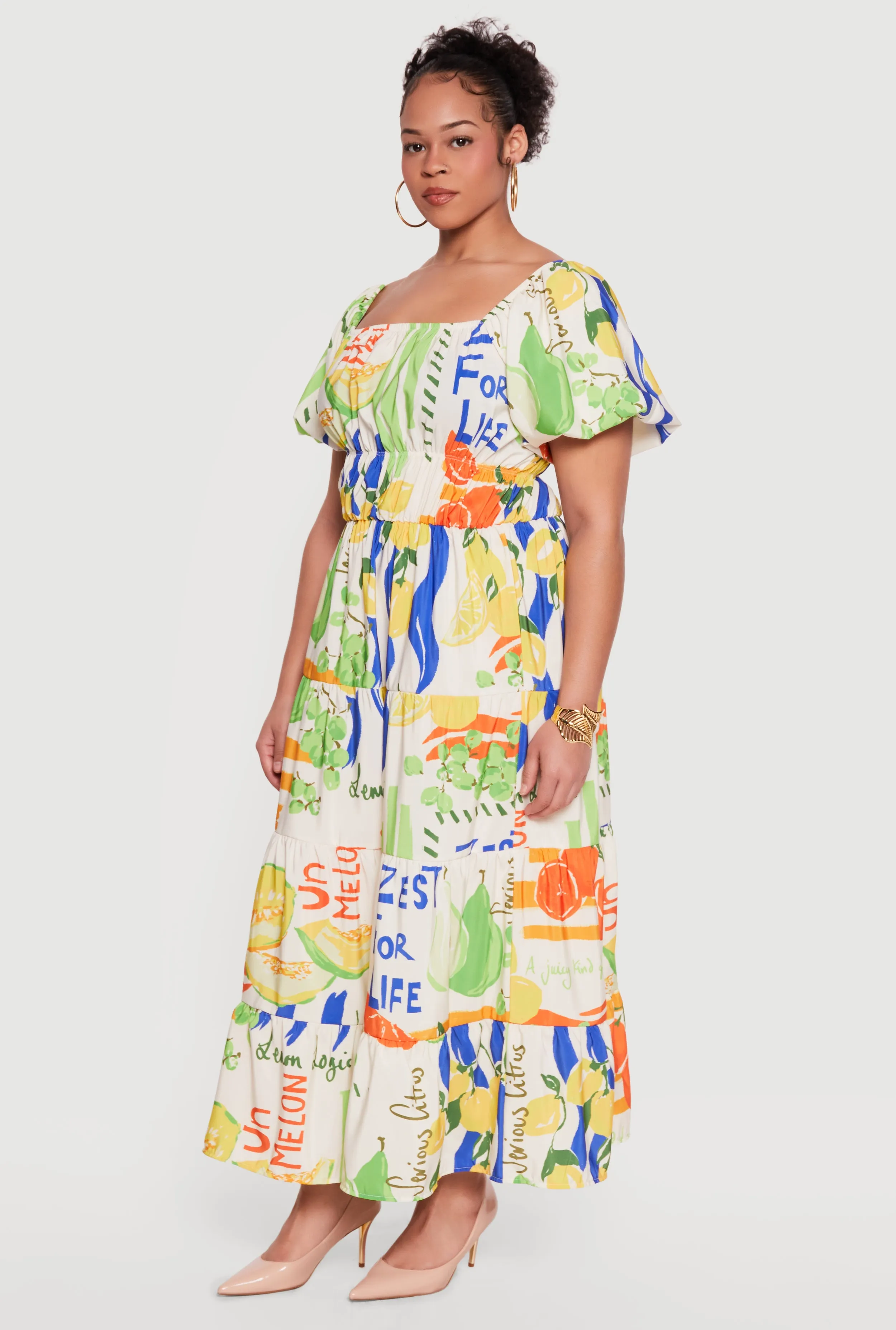Plus Size Fruit Print Bubble Sleeve Tiered Maxi Dress sold by Rainbow product image thumbnail 2
