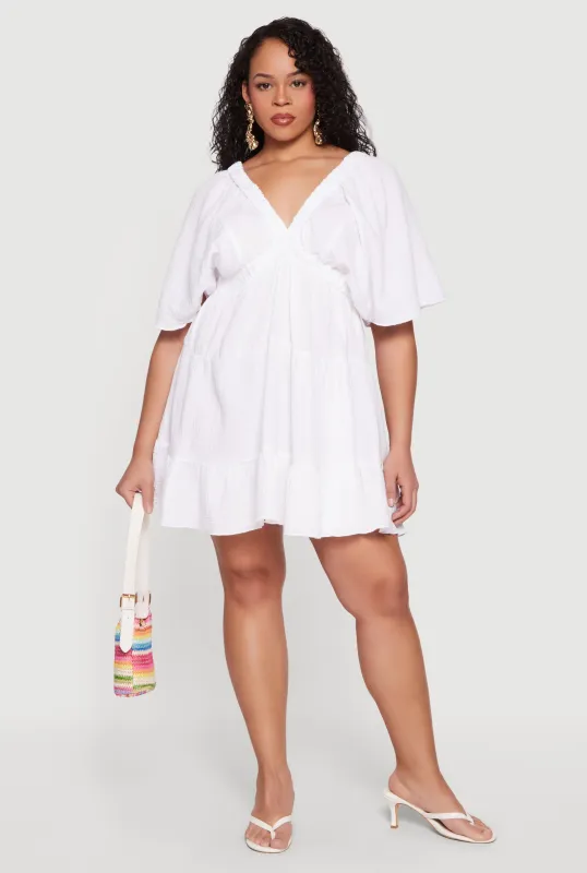 Plus Size Gauze Knit V Neck Tiered Sundress made by Rainbow