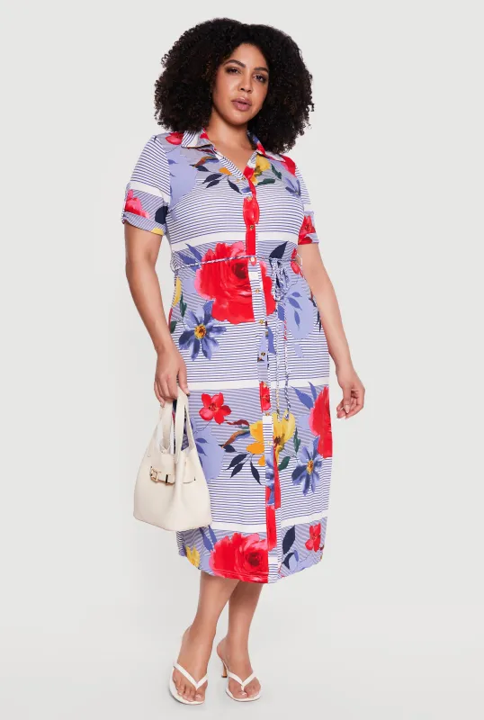 Plus Size Floral Striped Button Front Shirt Dress sold by Rainbow