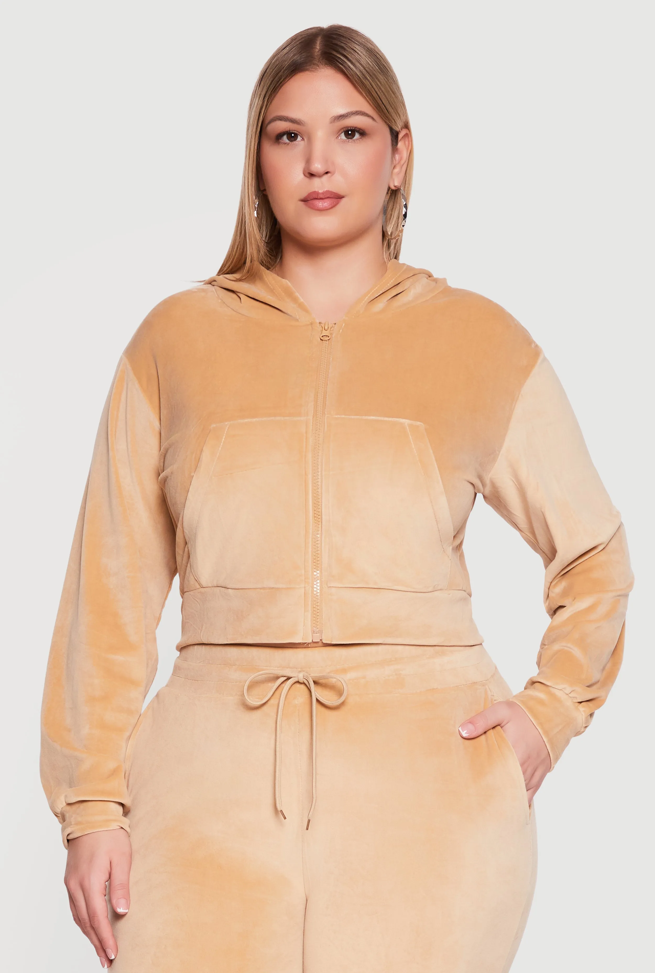 Plus Size Velour Zip Front Cropped Hoodie sold by Rainbow