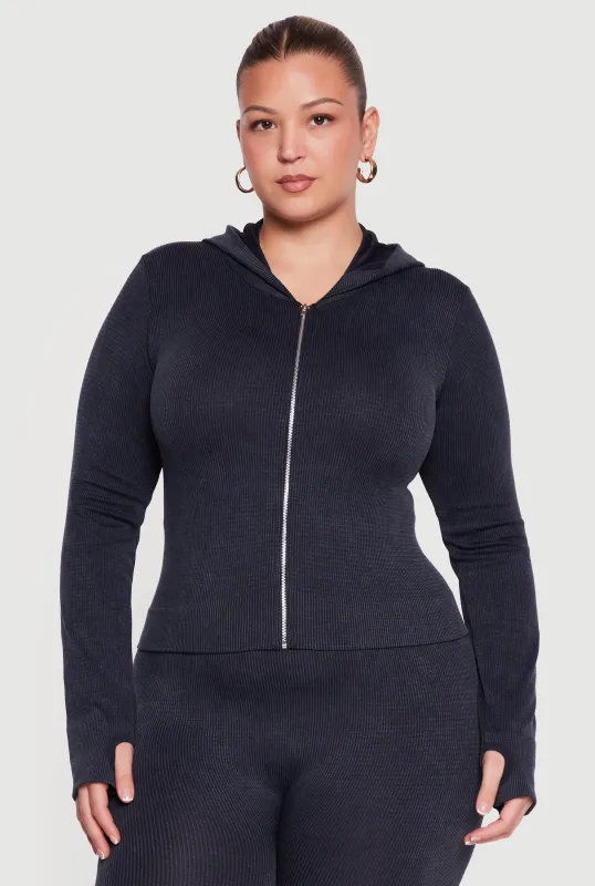 Plus Size Acid Wash Ribbed Hooded Jacket with Thumb Holes sold by Rainbow