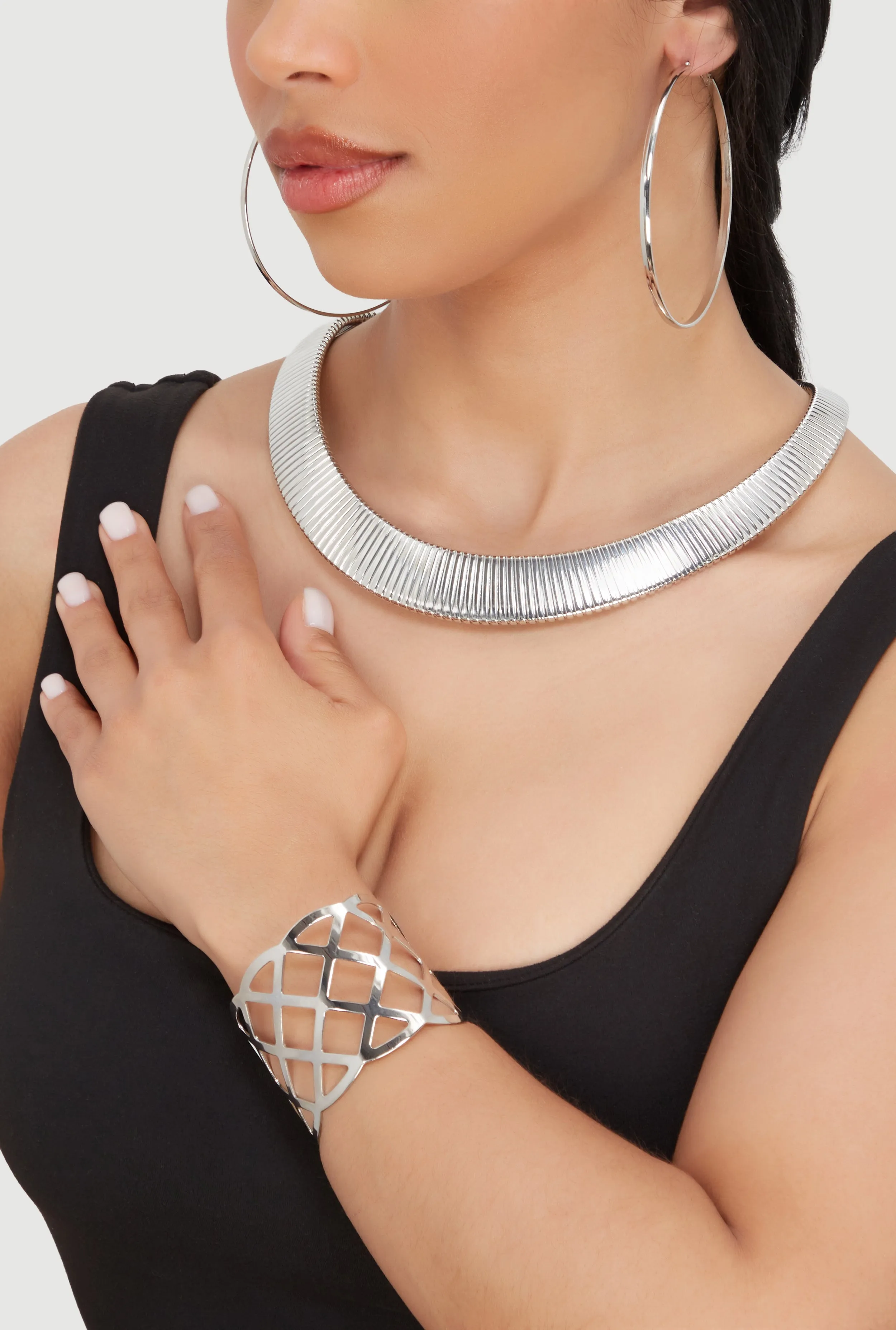Ribbed Choker with Cuff Bracelet and Hoop Earrings Set sold by Rainbow product image thumbnail 2
