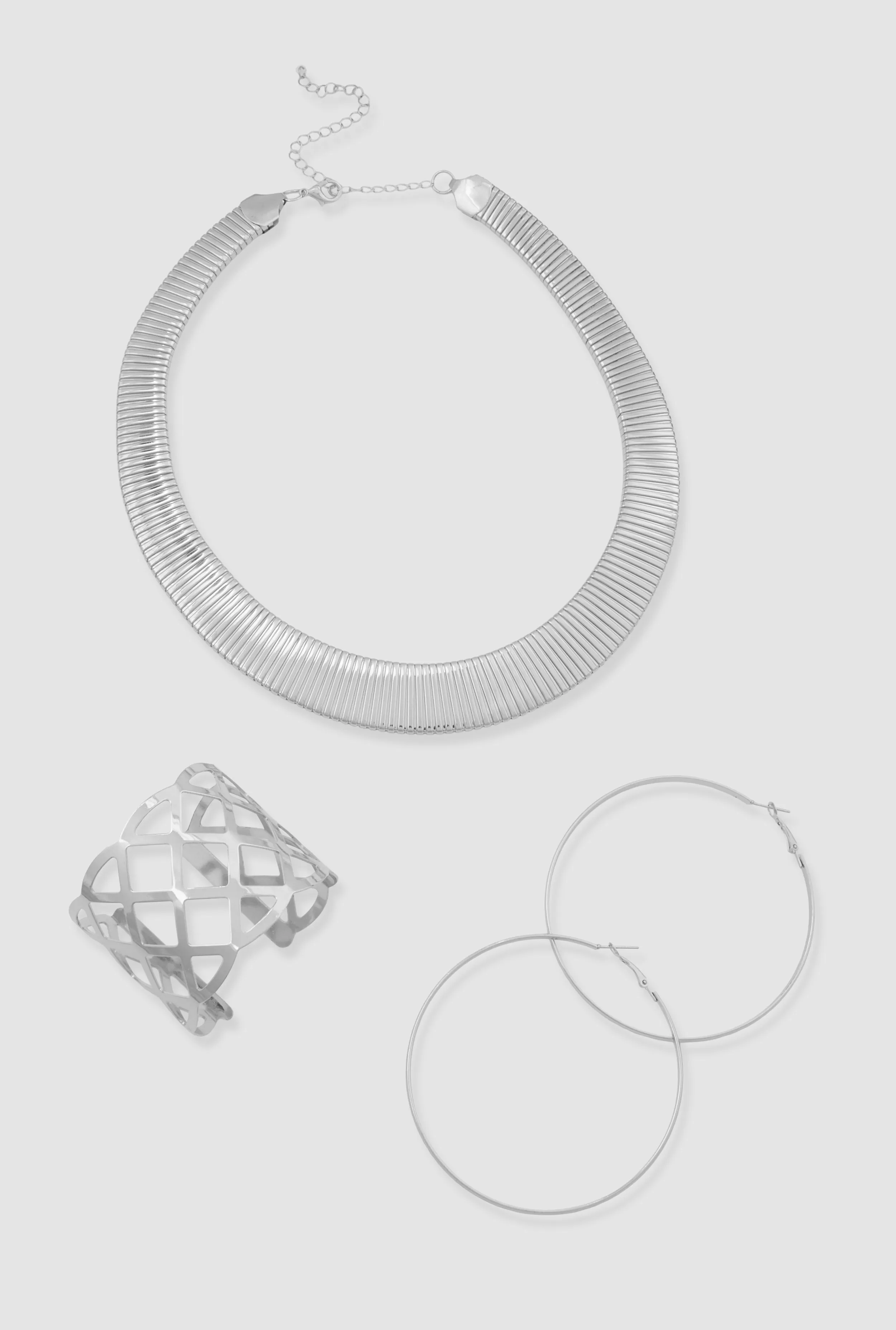 Ribbed Choker with Cuff Bracelet and Hoop Earrings Set sold by Rainbow