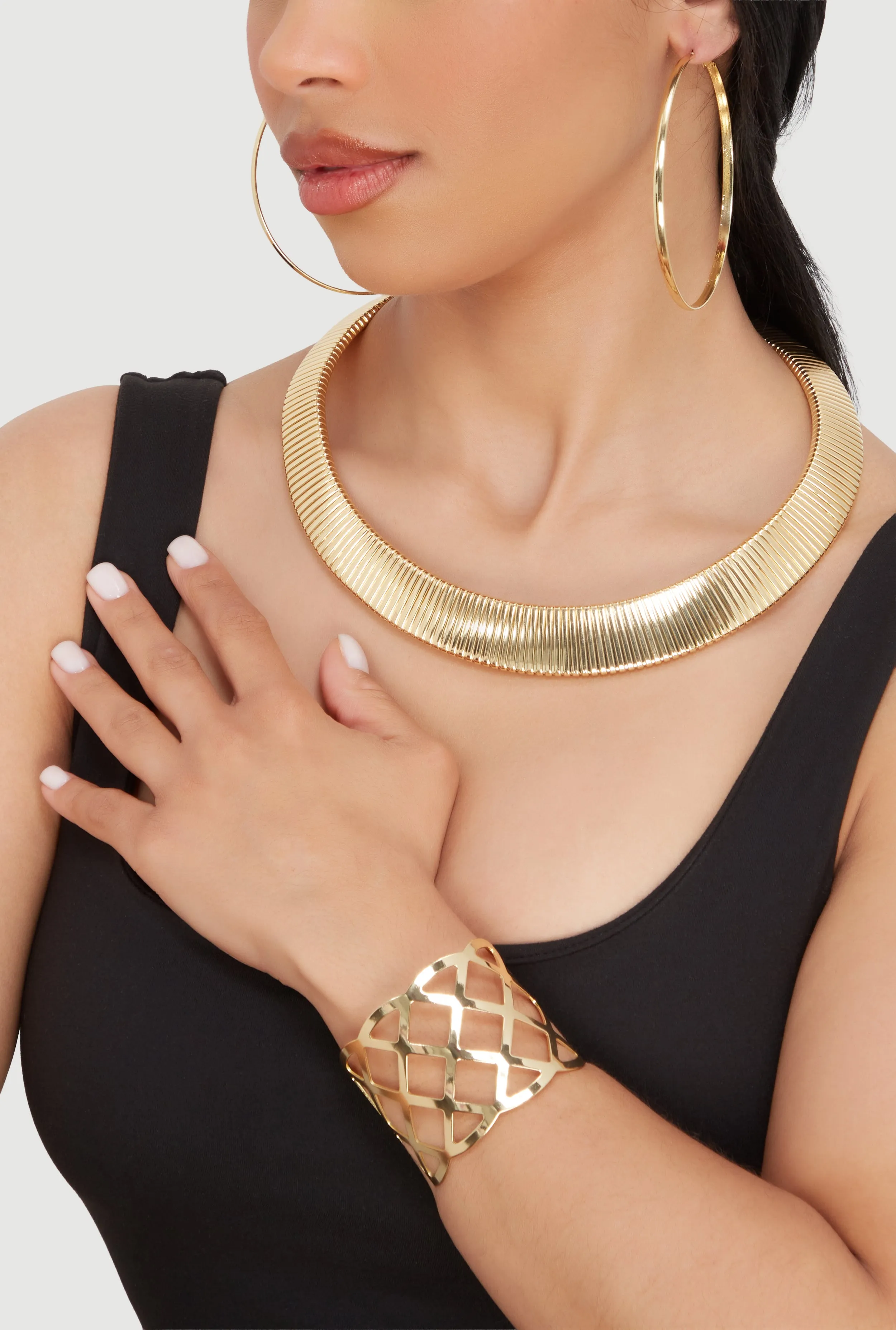 Ribbed Choker with Cuff Bracelet and Hoop Earrings Set sold by Rainbow product image thumbnail 2