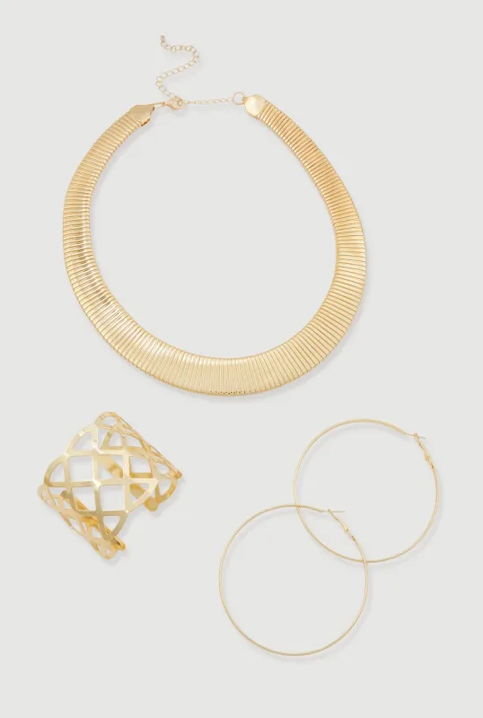 Ribbed Choker with Cuff Bracelet and Hoop Earrings Set sold by Rainbow