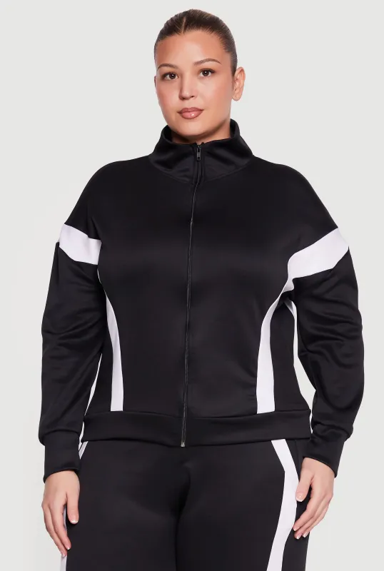 Plus Size Contrast Trim Mock Neck Zip Front Active Jacket made by Rainbow