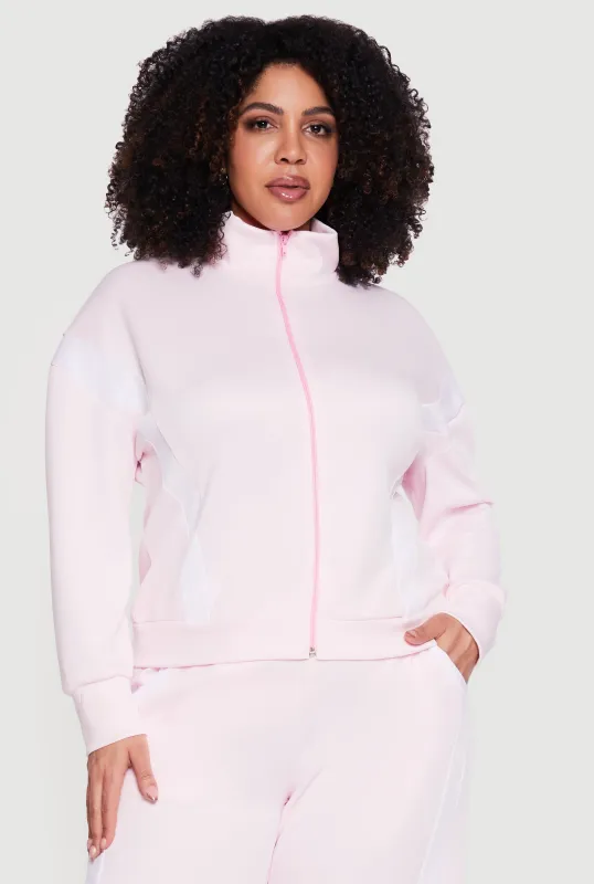 Plus Size Contrast Trim Mock Neck Zip Front Active Jacket made by Rainbow