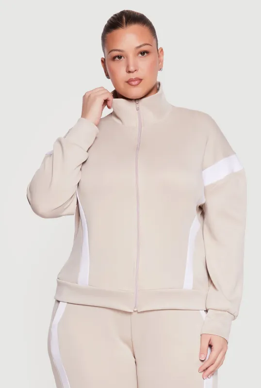 Plus Size Contrast Trim Mock Neck Zip Front Active Jacket made by Rainbow