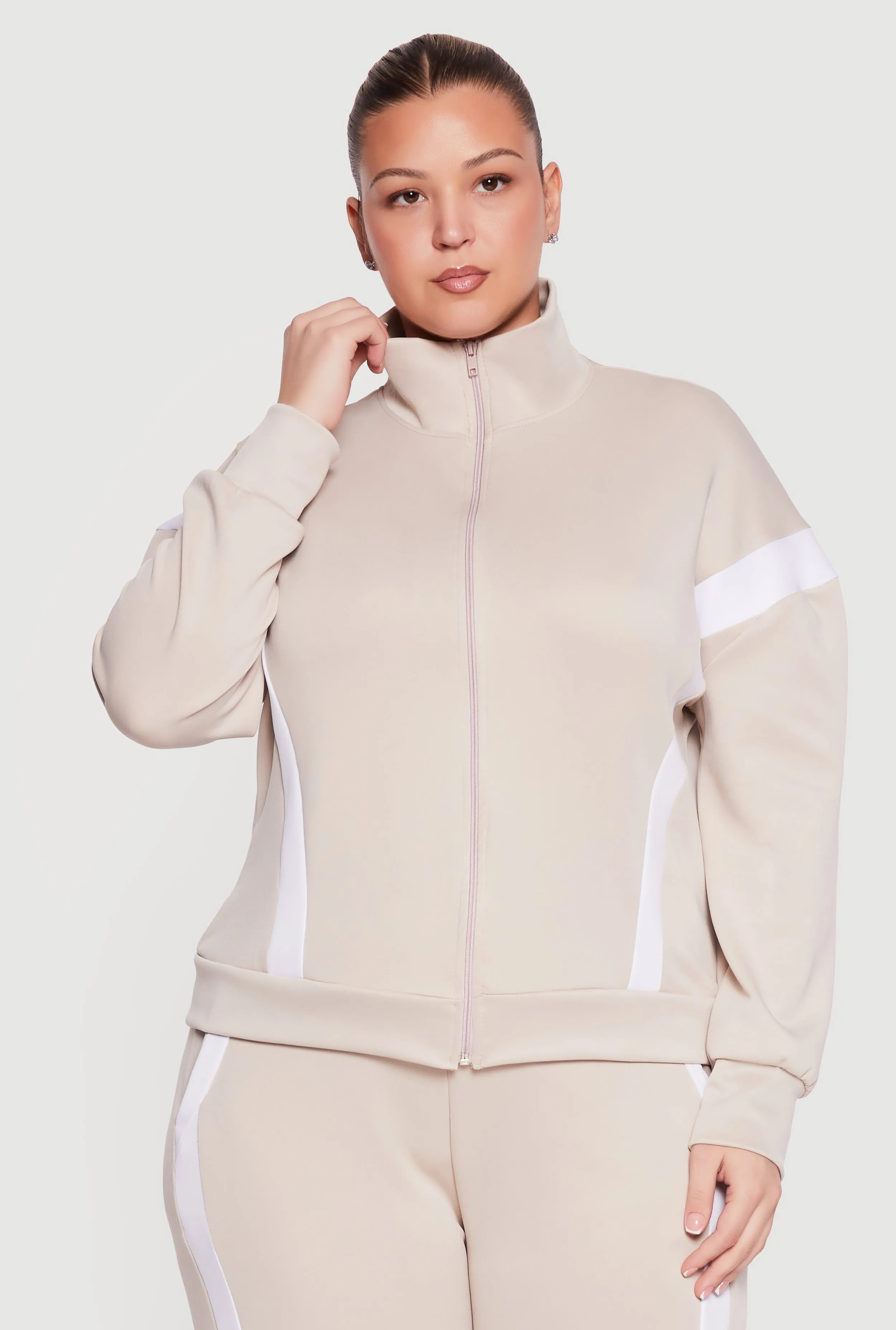 Plus Size Contrast Trim Mock Neck Zip Front Active Jacket sold by Rainbow