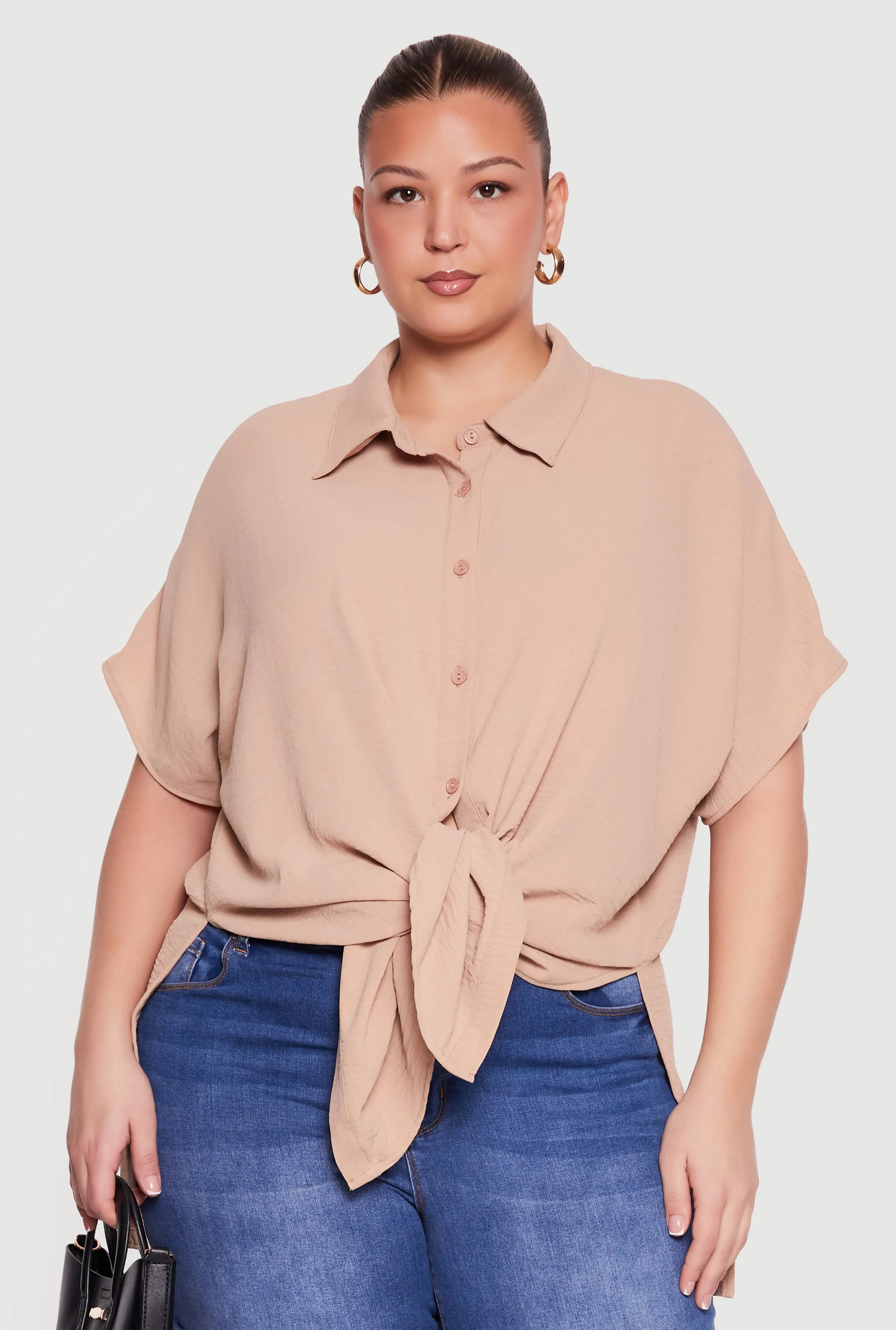 Plus Size Airy Crepe Knit Tie Front Shirt sold by Rainbow product image thumbnail 2