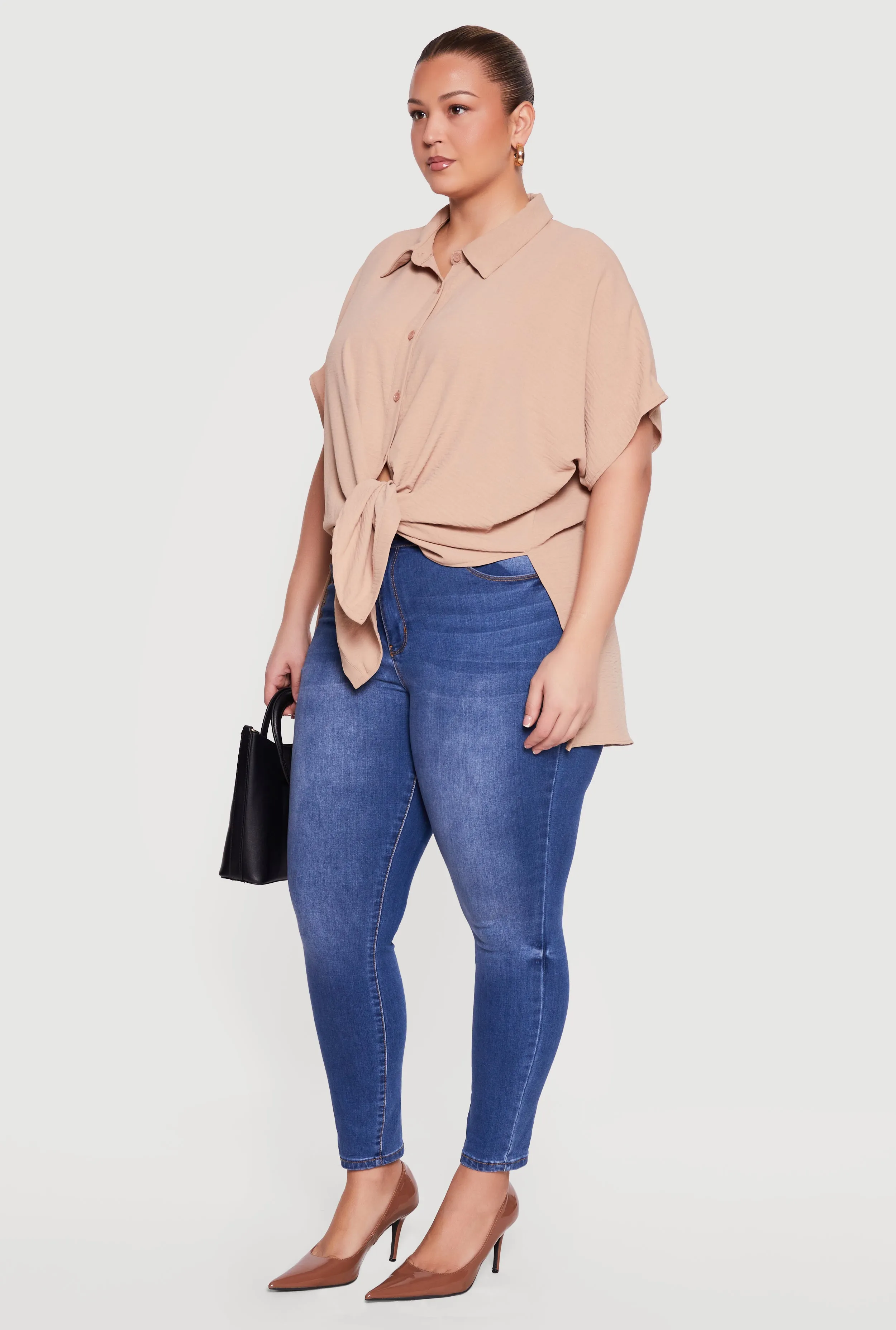 Plus Size Airy Crepe Knit Tie Front Shirt sold by Rainbow product image thumbnail 3