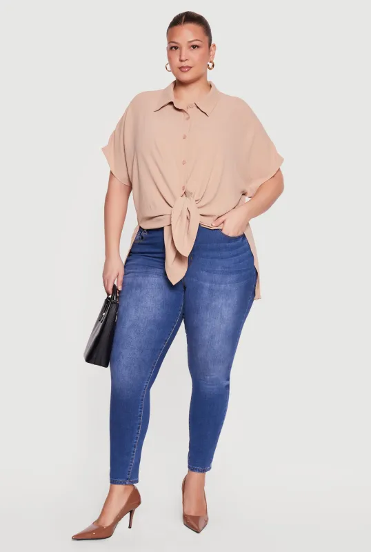 Plus Size Airy Crepe Knit Tie Front Shirt made by Rainbow