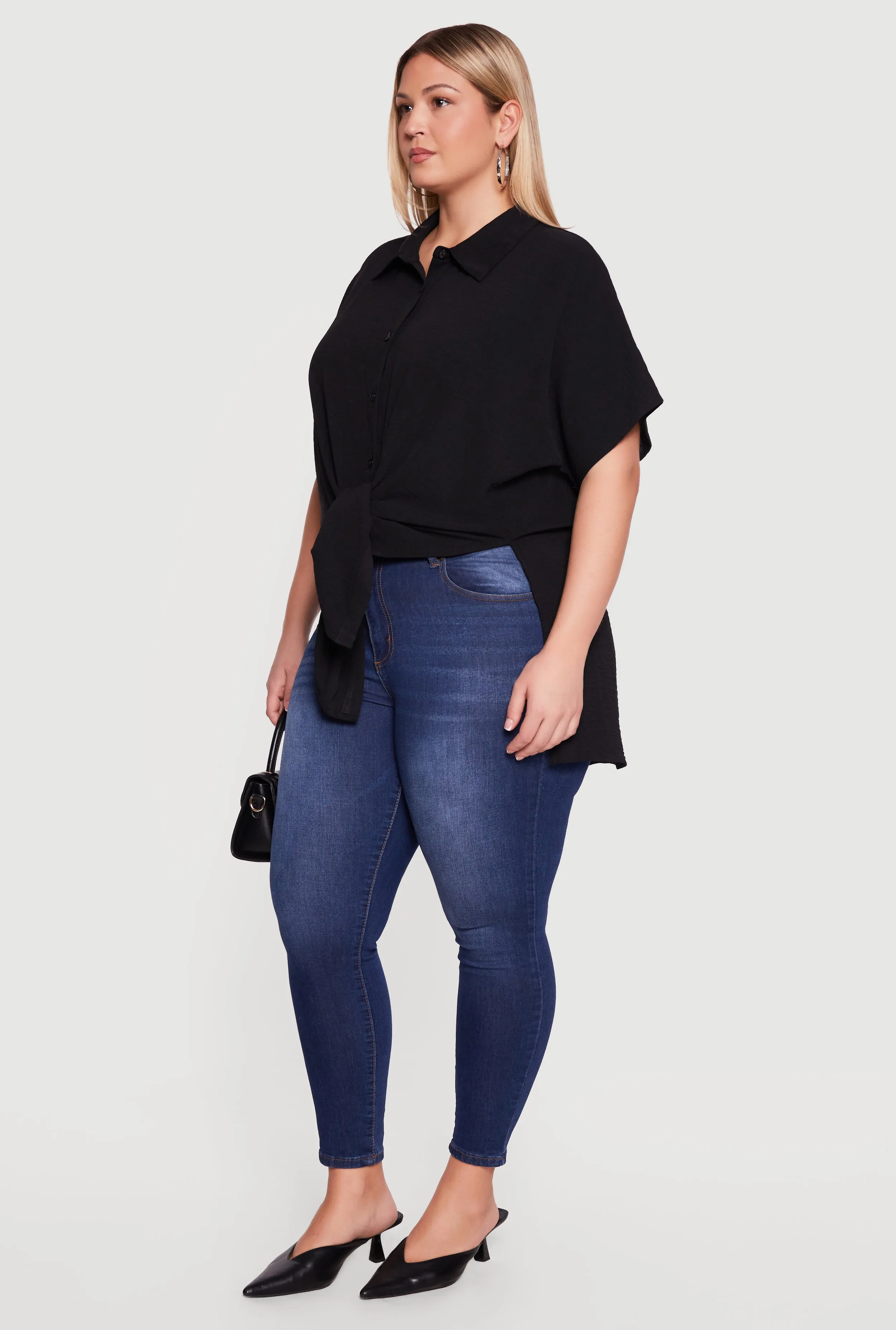 Plus Size Airy Crepe Knit Tie Front Shirt sold by Rainbow product image thumbnail 3