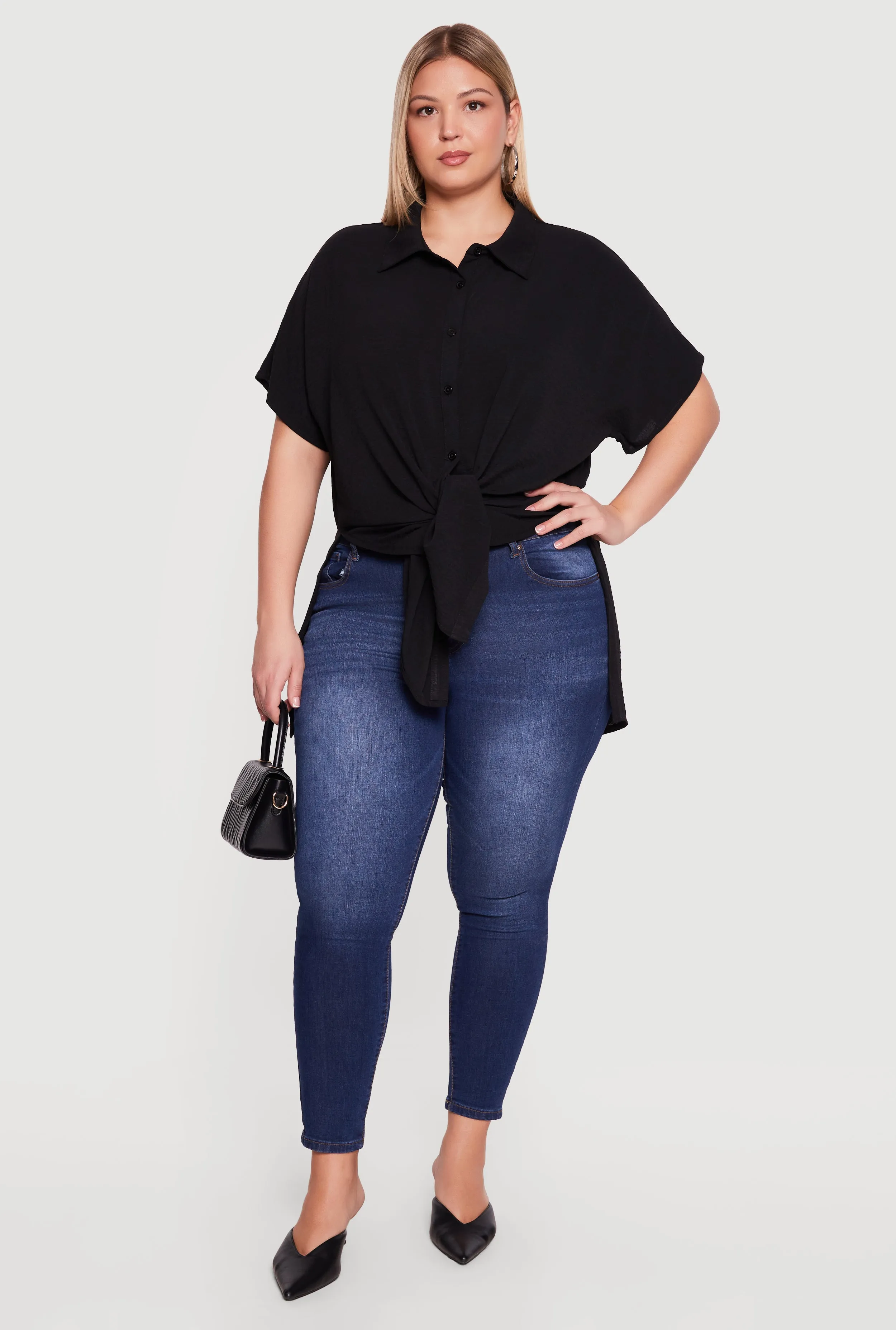 Plus Size Airy Crepe Knit Tie Front Shirt sold by Rainbow