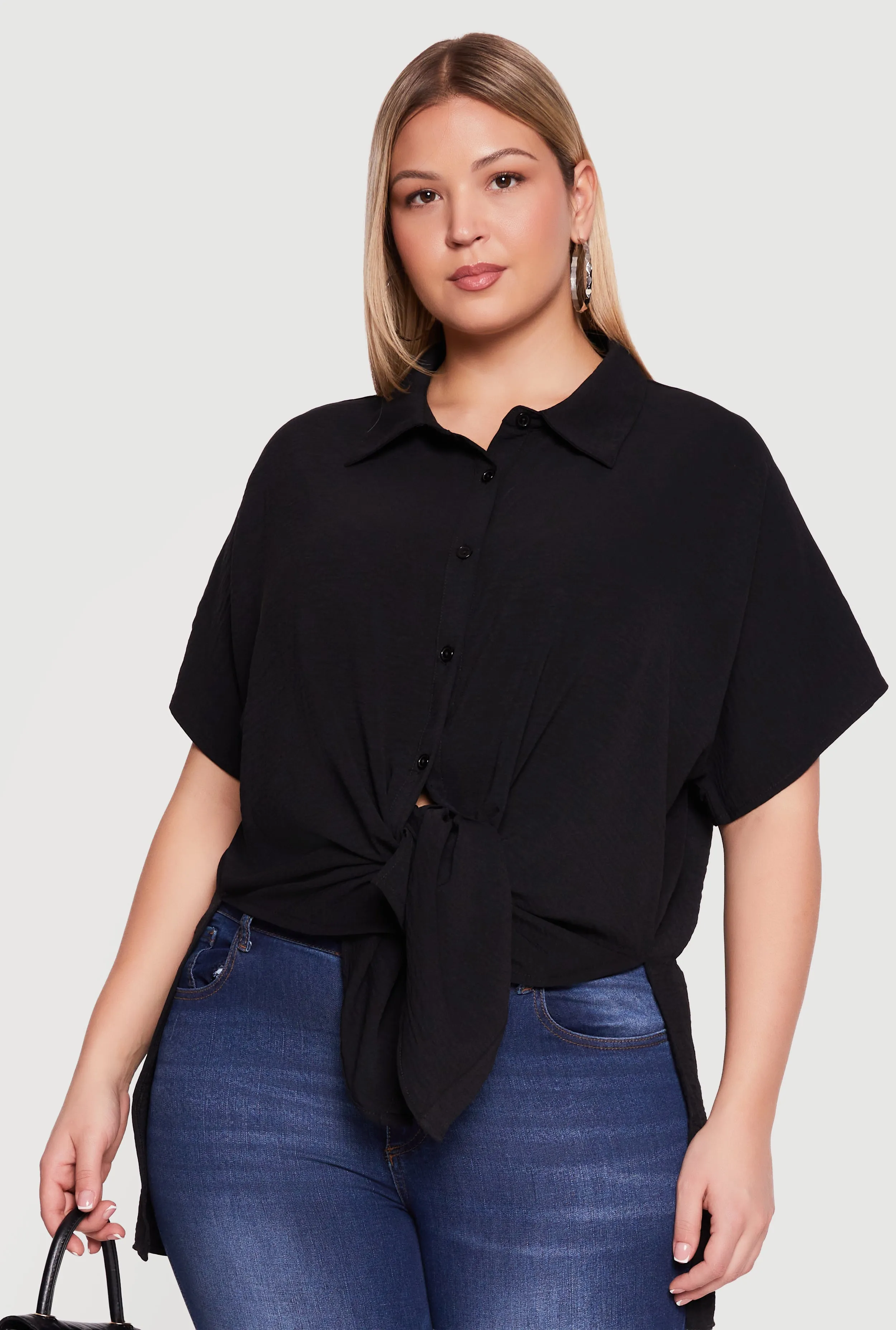 Plus Size Airy Crepe Knit Tie Front Shirt sold by Rainbow product image thumbnail 2