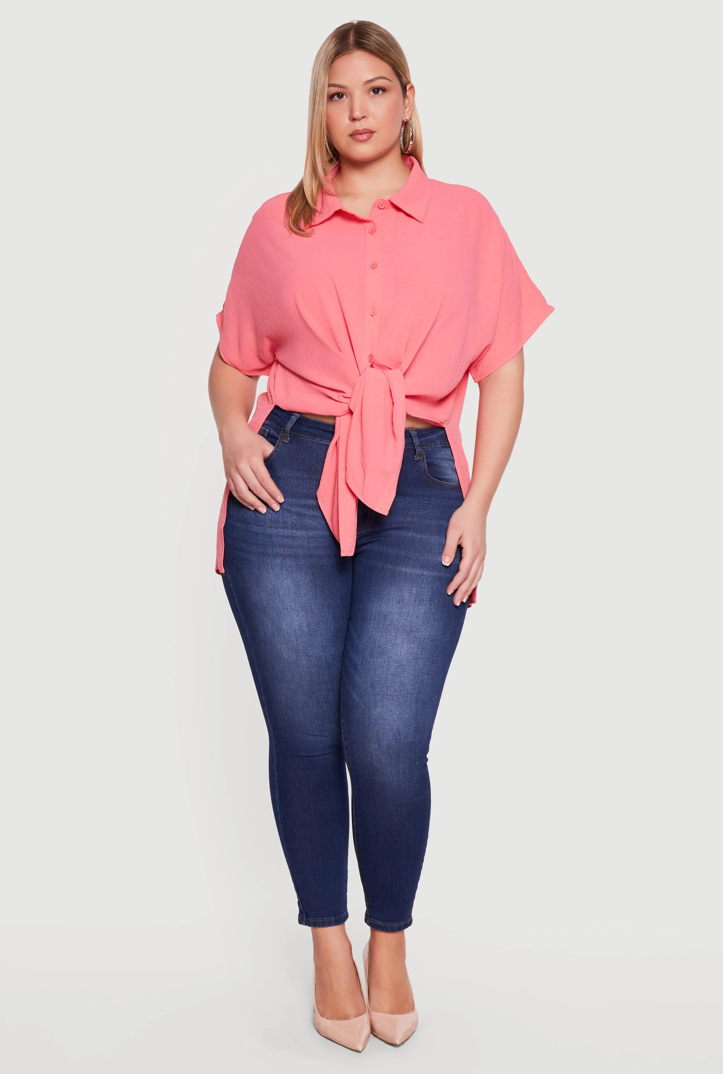 Plus Size Airy Crepe Knit Tie Front Shirt sold by Rainbow