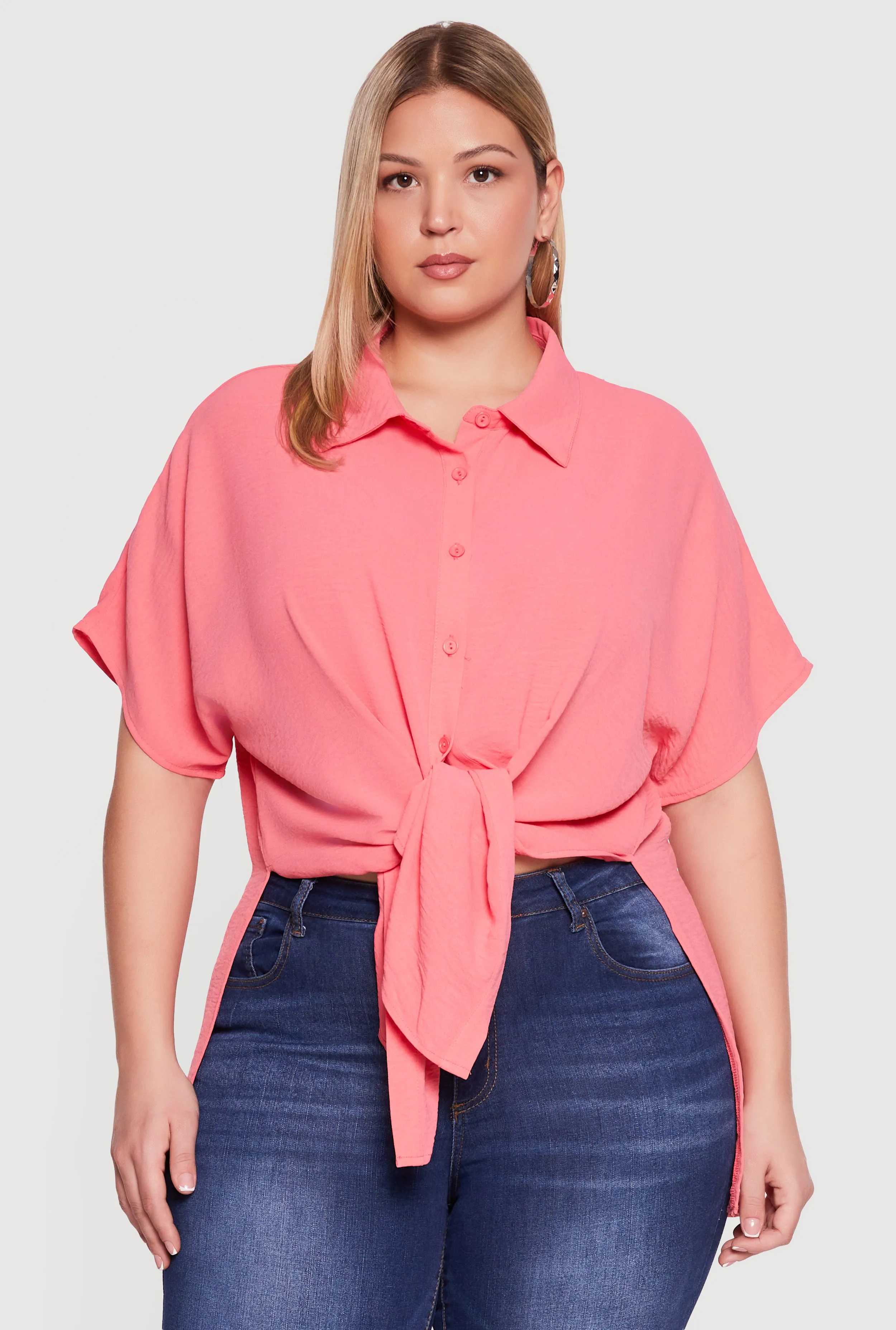 Plus Size Airy Crepe Knit Tie Front Shirt sold by Rainbow product image thumbnail 2