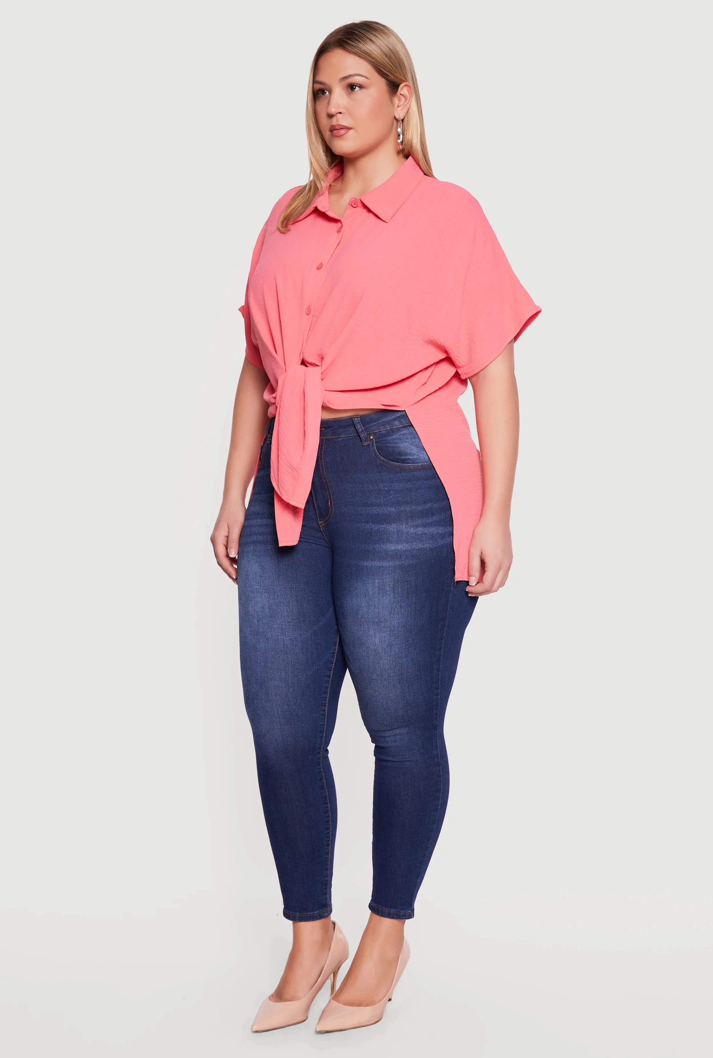 Plus Size Airy Crepe Knit Tie Front Shirt sold by Rainbow product image thumbnail 3