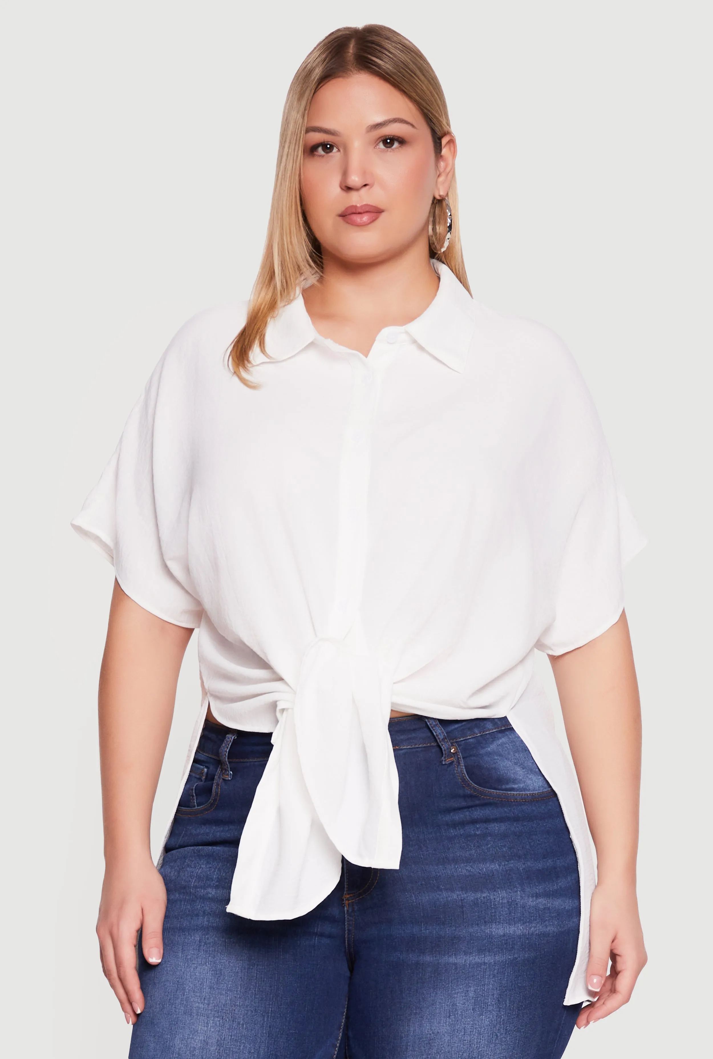 Plus Size Airy Crepe Knit Tie Front Shirt sold by Rainbow product image thumbnail 2