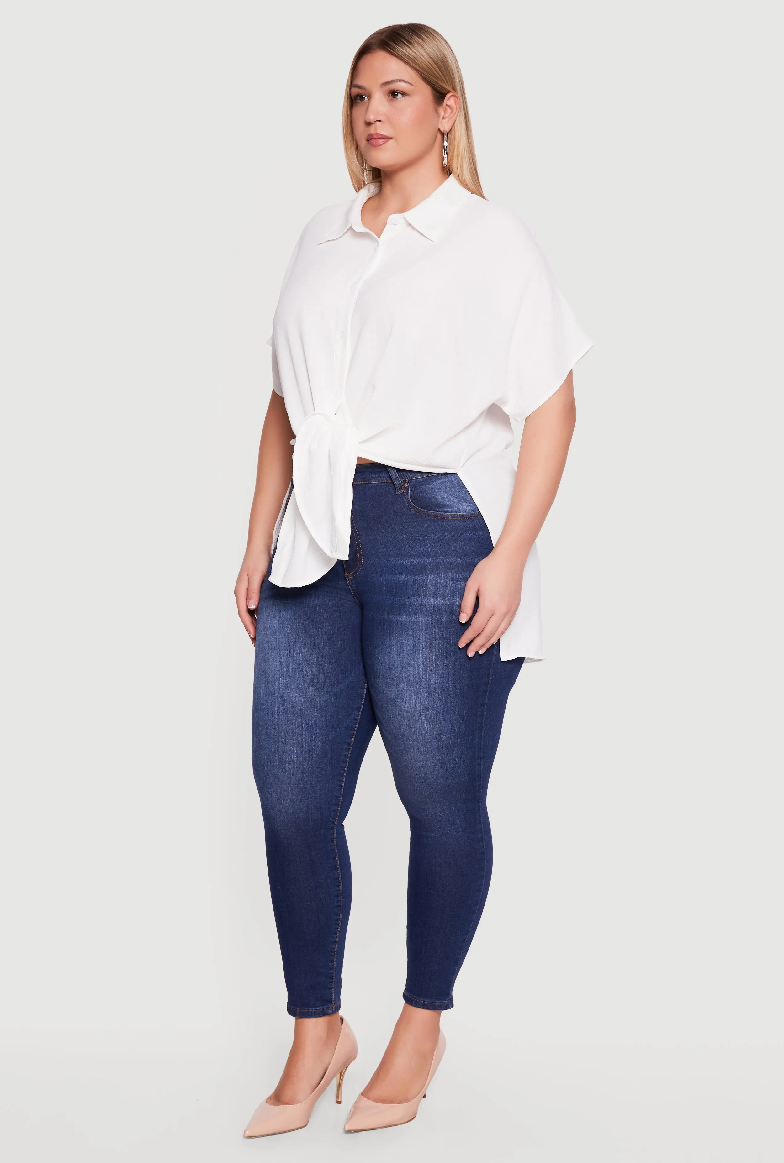 Plus Size Airy Crepe Knit Tie Front Shirt sold by Rainbow product image thumbnail 3