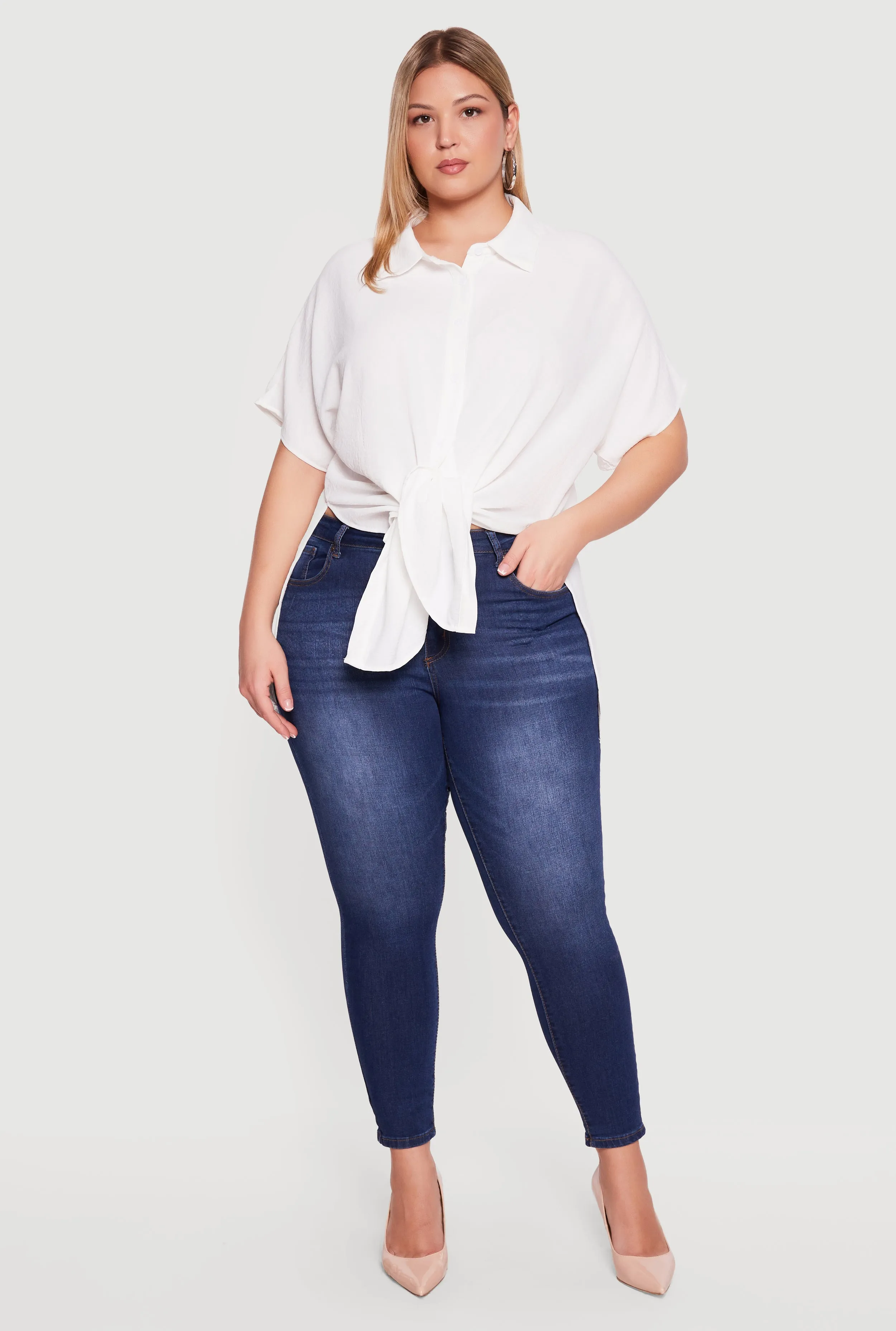 Plus Size Airy Crepe Knit Tie Front Shirt sold by Rainbow