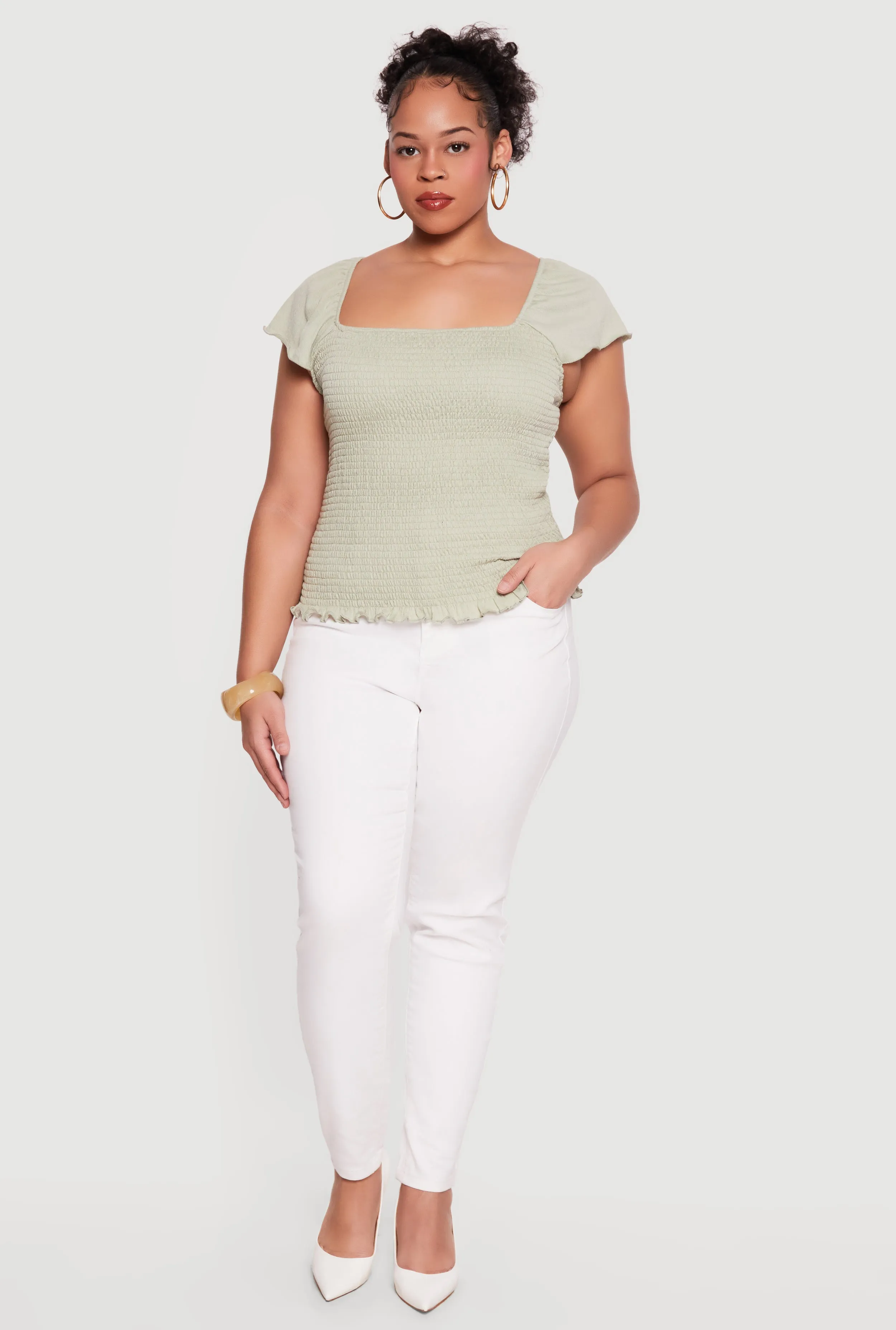 Plus Size Square Neck Flutter Sleeve Smocked Blouse sold by Rainbow