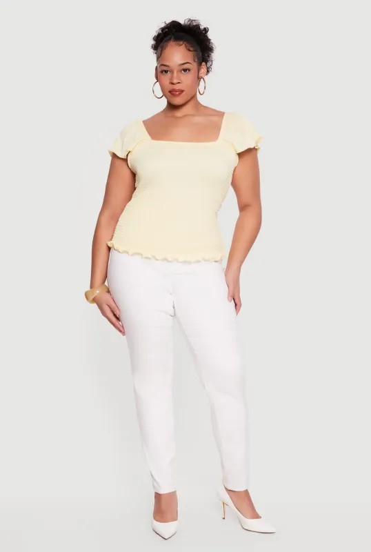 Plus Size Square Neck Flutter Sleeve Smocked Blouse made by Rainbow