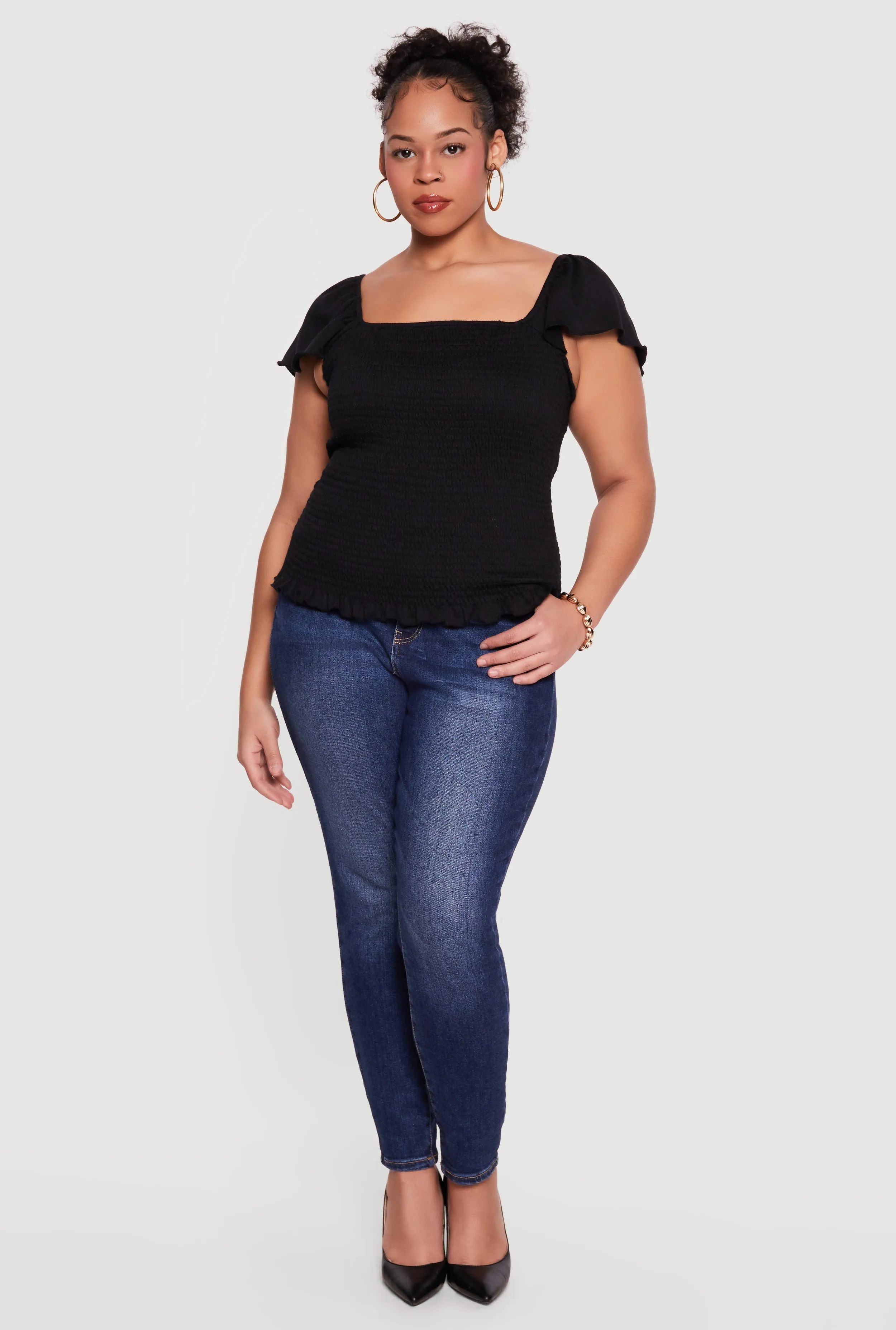 Plus Size Square Neck Flutter Sleeve Smocked Blouse sold by Rainbow