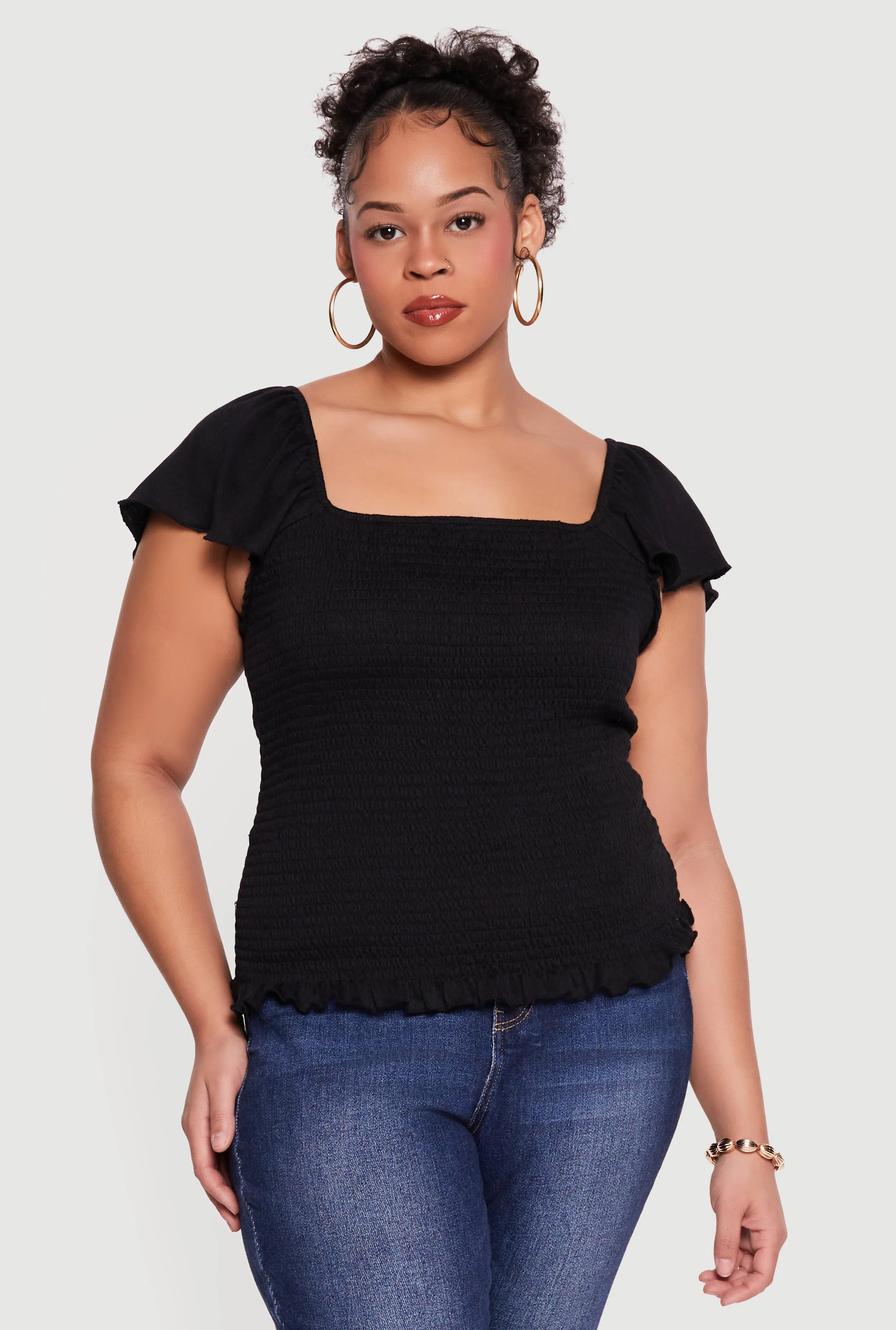 Plus Size Square Neck Flutter Sleeve Smocked Blouse sold by Rainbow product image thumbnail 2