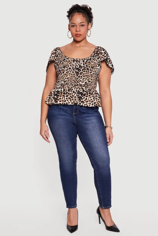 Plus Size Printed Pattern Smocked Peplum Blouse made by Rainbow