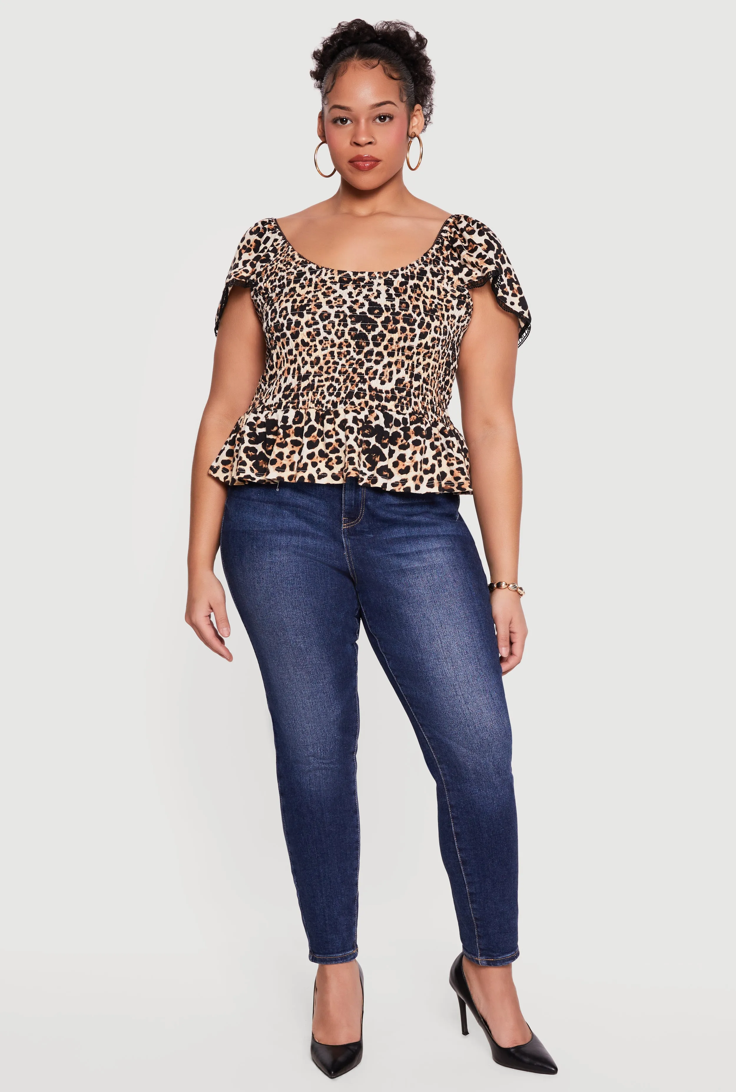 Plus Size Printed Pattern Smocked Peplum Blouse sold by Rainbow