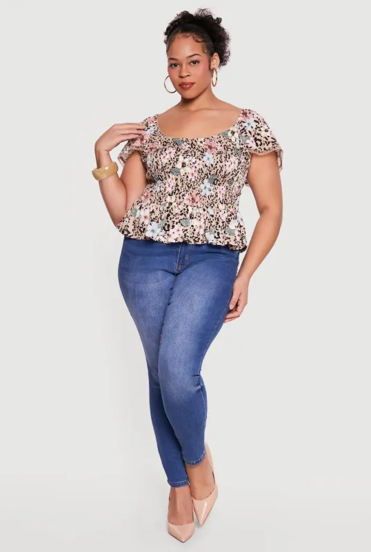 Plus Size Printed Pattern Smocked Peplum Blouse made by Rainbow