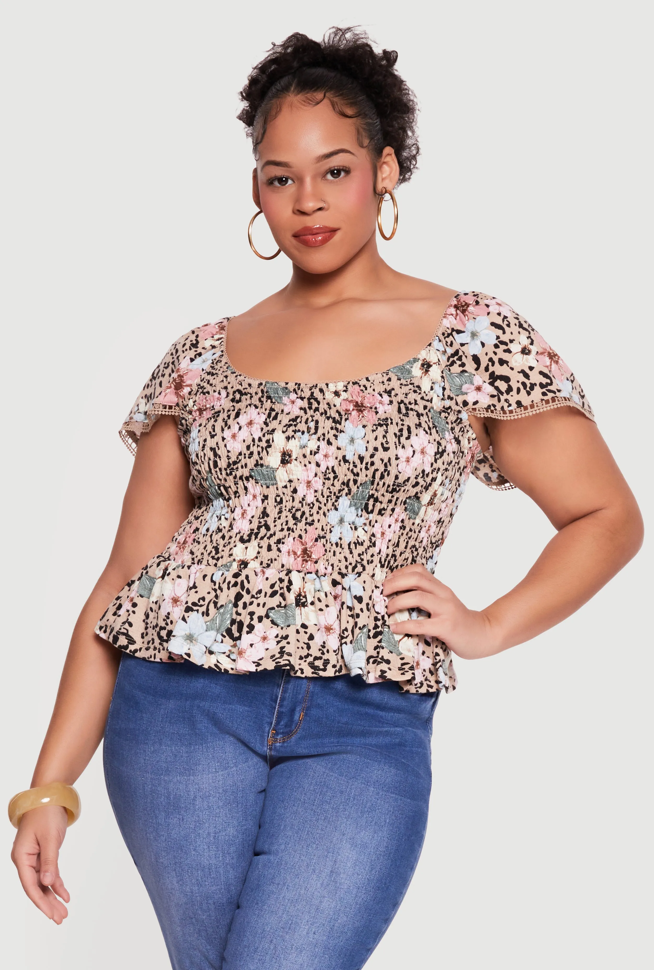Plus Size Printed Pattern Smocked Peplum Blouse sold by Rainbow product image thumbnail 2