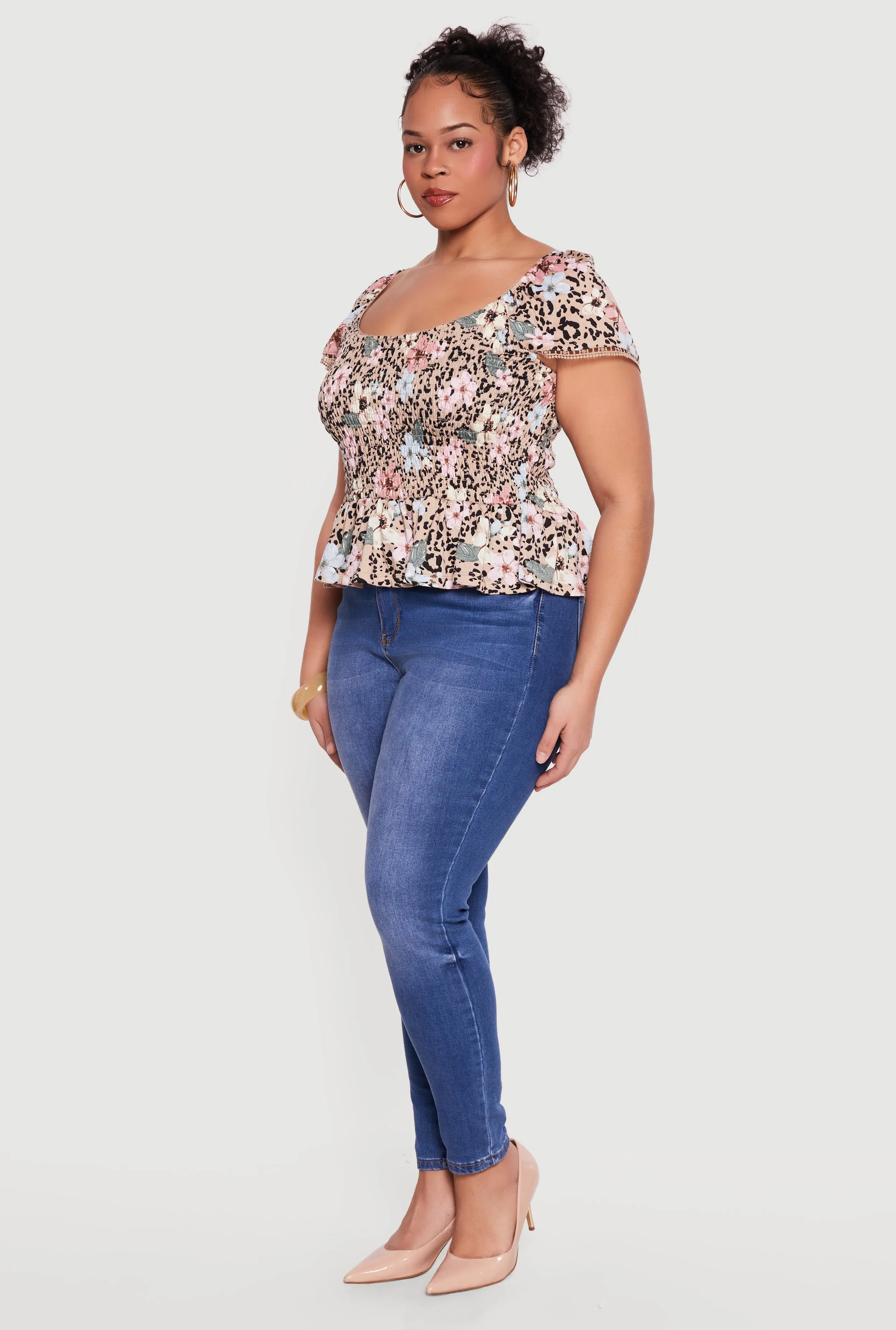 Plus Size Printed Pattern Smocked Peplum Blouse sold by Rainbow product image thumbnail 3