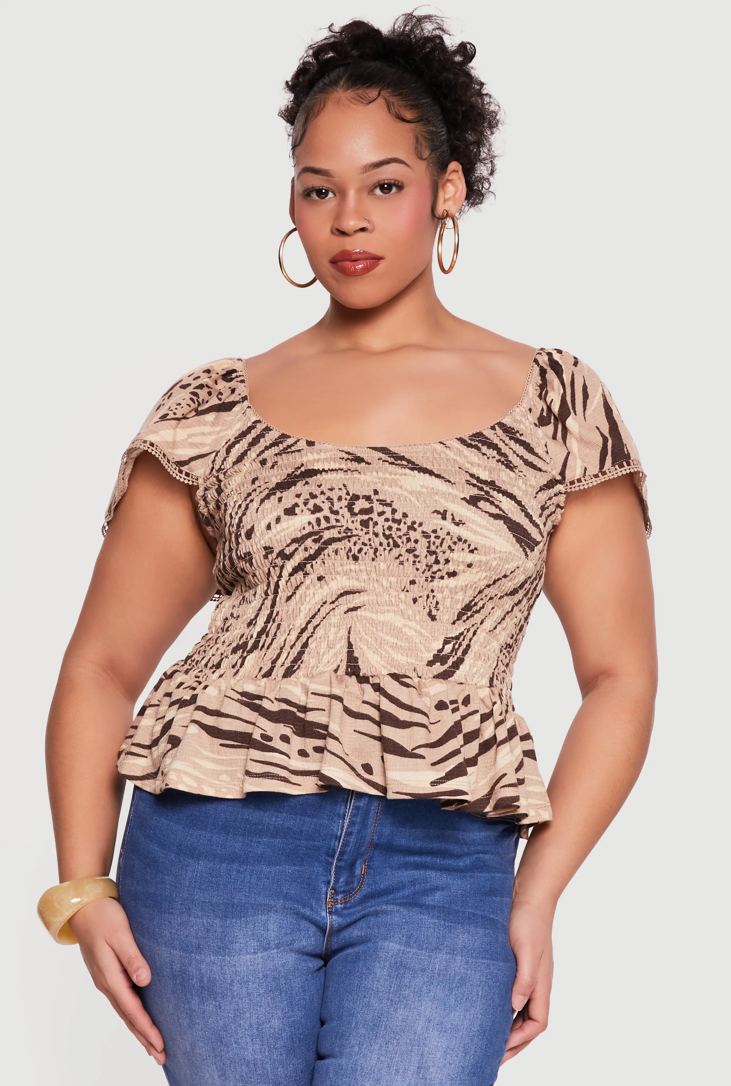 Plus Size Printed Pattern Smocked Peplum Blouse sold by Rainbow product image thumbnail 2