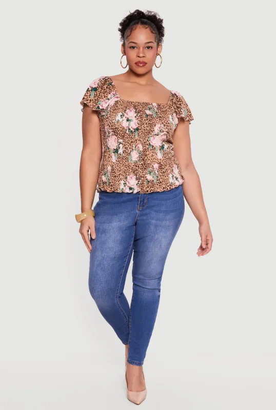 Plus Size Smocked Square Neck Floral Animal Print Top sold by Rainbow