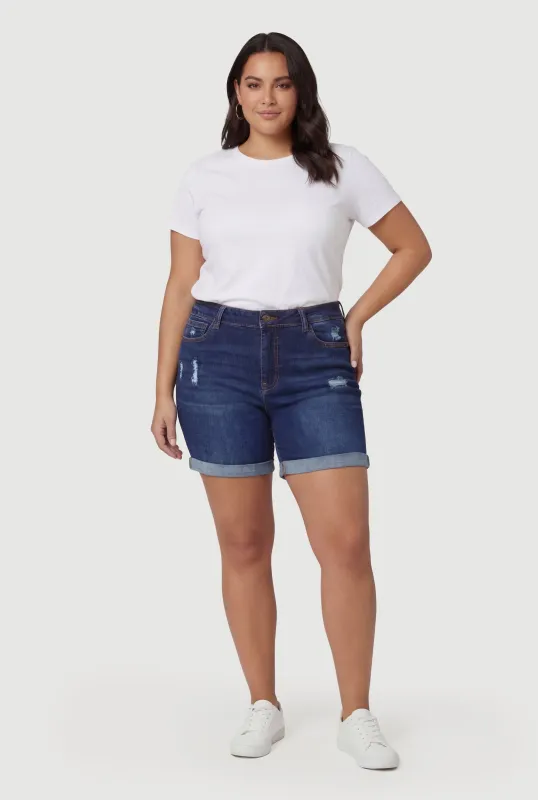 Plus Size Fixed Cuff Frayed Denim Shorts made by Rainbow
