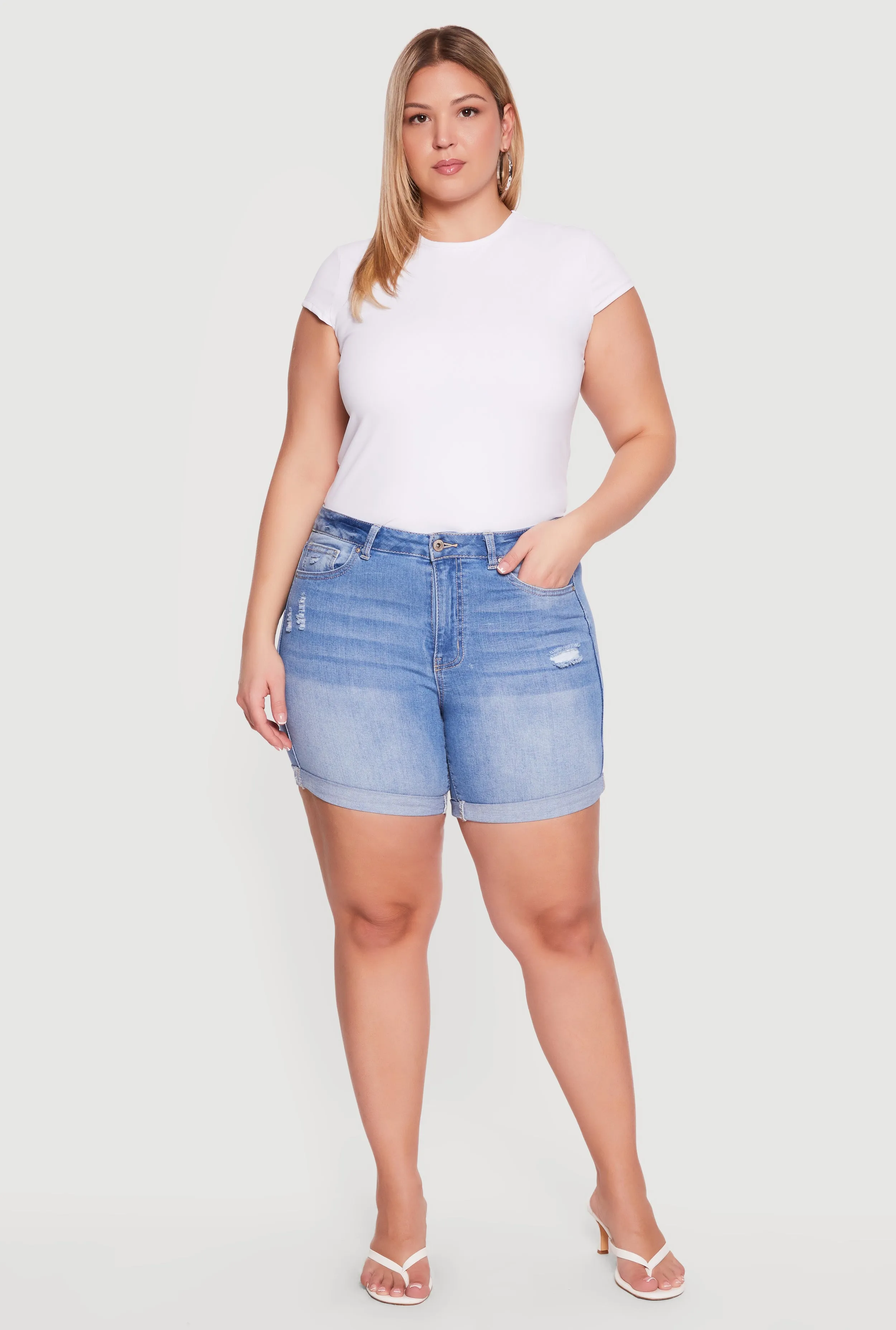 Plus Size Fixed Cuff Frayed Denim Shorts sold by Rainbow product image thumbnail 4