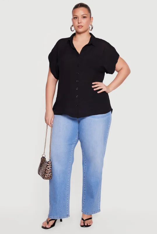 Plus Size Solid Gauze Knit Short Sleeve Button Front Shirt made by Rainbow