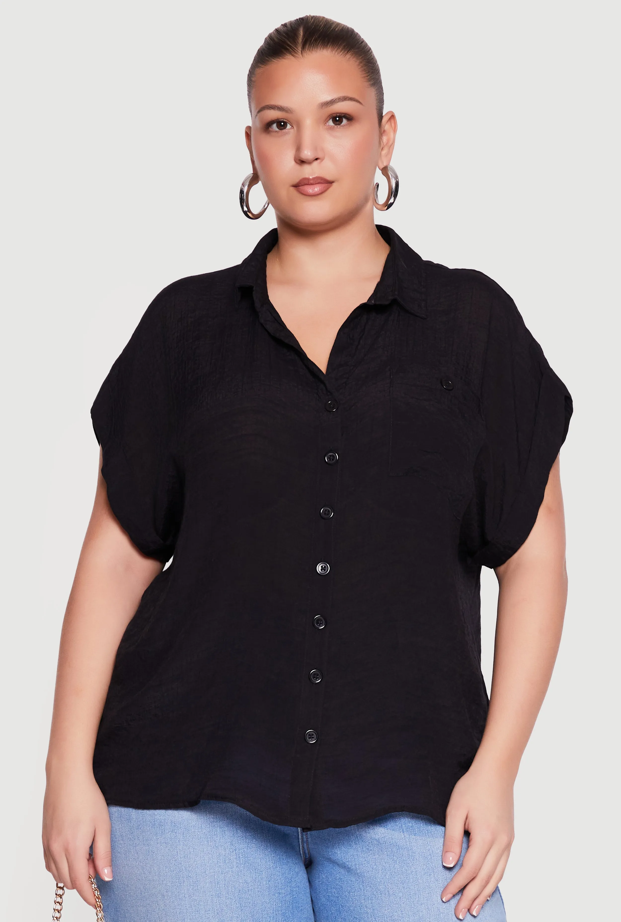 Plus Size Solid Gauze Knit Short Sleeve Button Front Shirt sold by Rainbow product image thumbnail 2