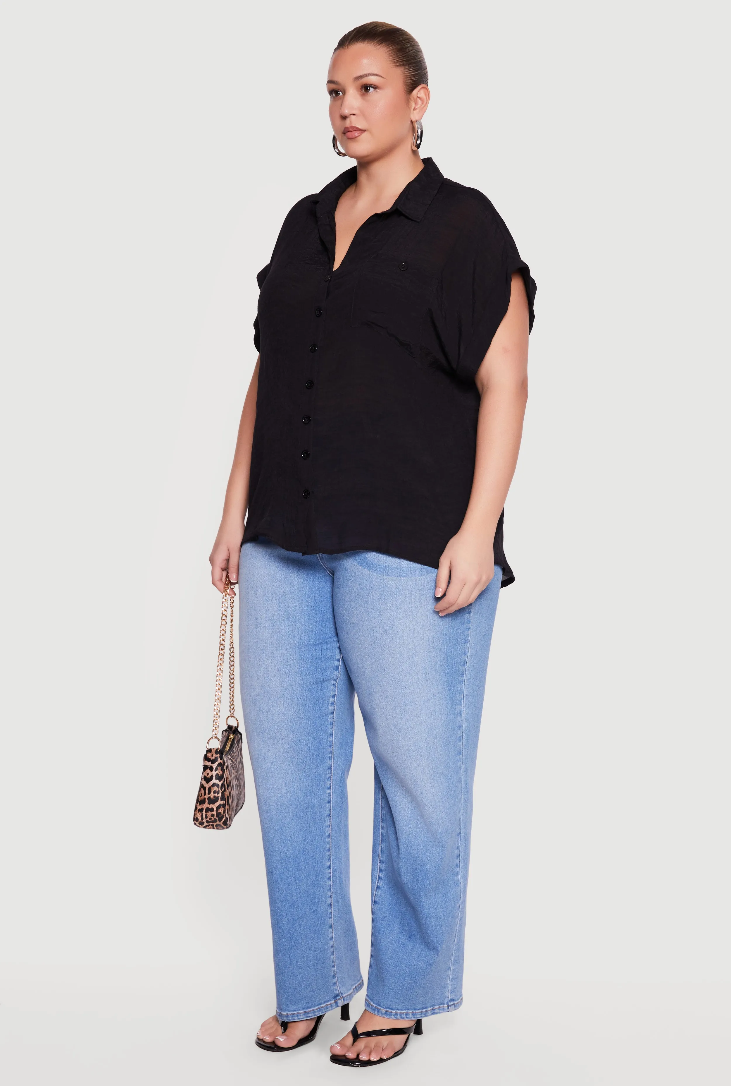 Plus Size Solid Gauze Knit Short Sleeve Button Front Shirt sold by Rainbow product image thumbnail 3