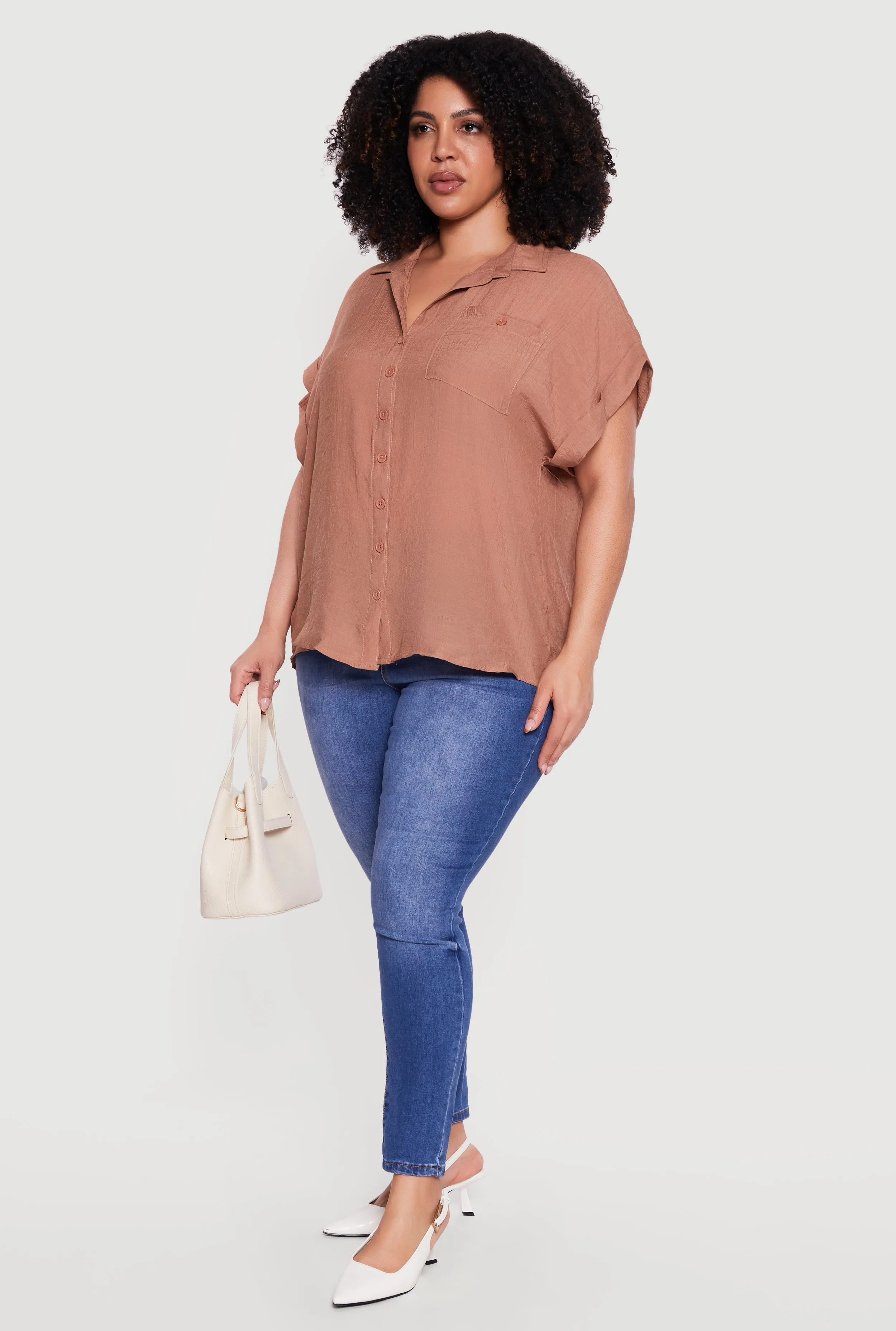 Plus Size Solid Gauze Knit Short Sleeve Button Front Shirt sold by Rainbow product image thumbnail 3