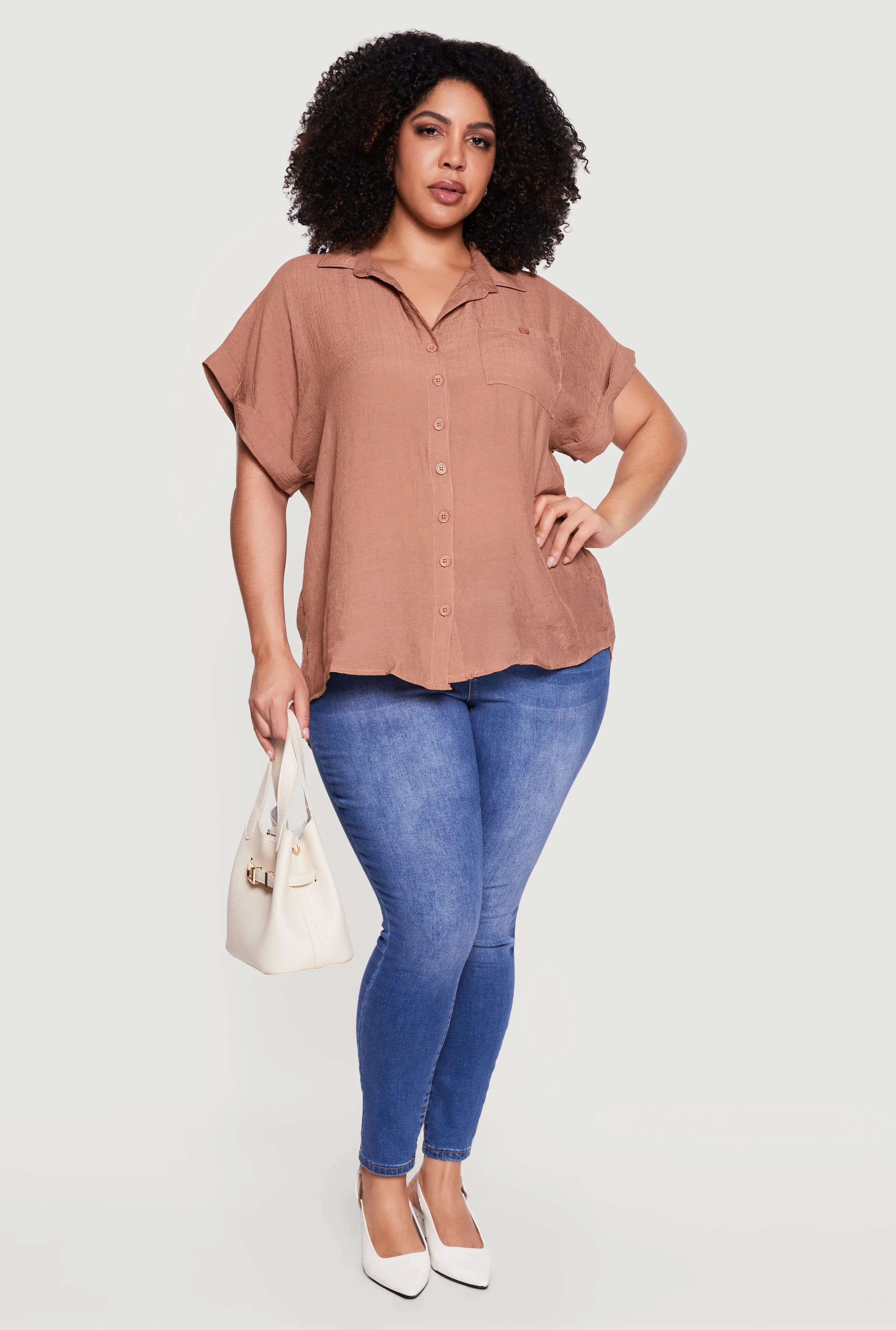 Plus Size Solid Gauze Knit Short Sleeve Button Front Shirt sold by Rainbow