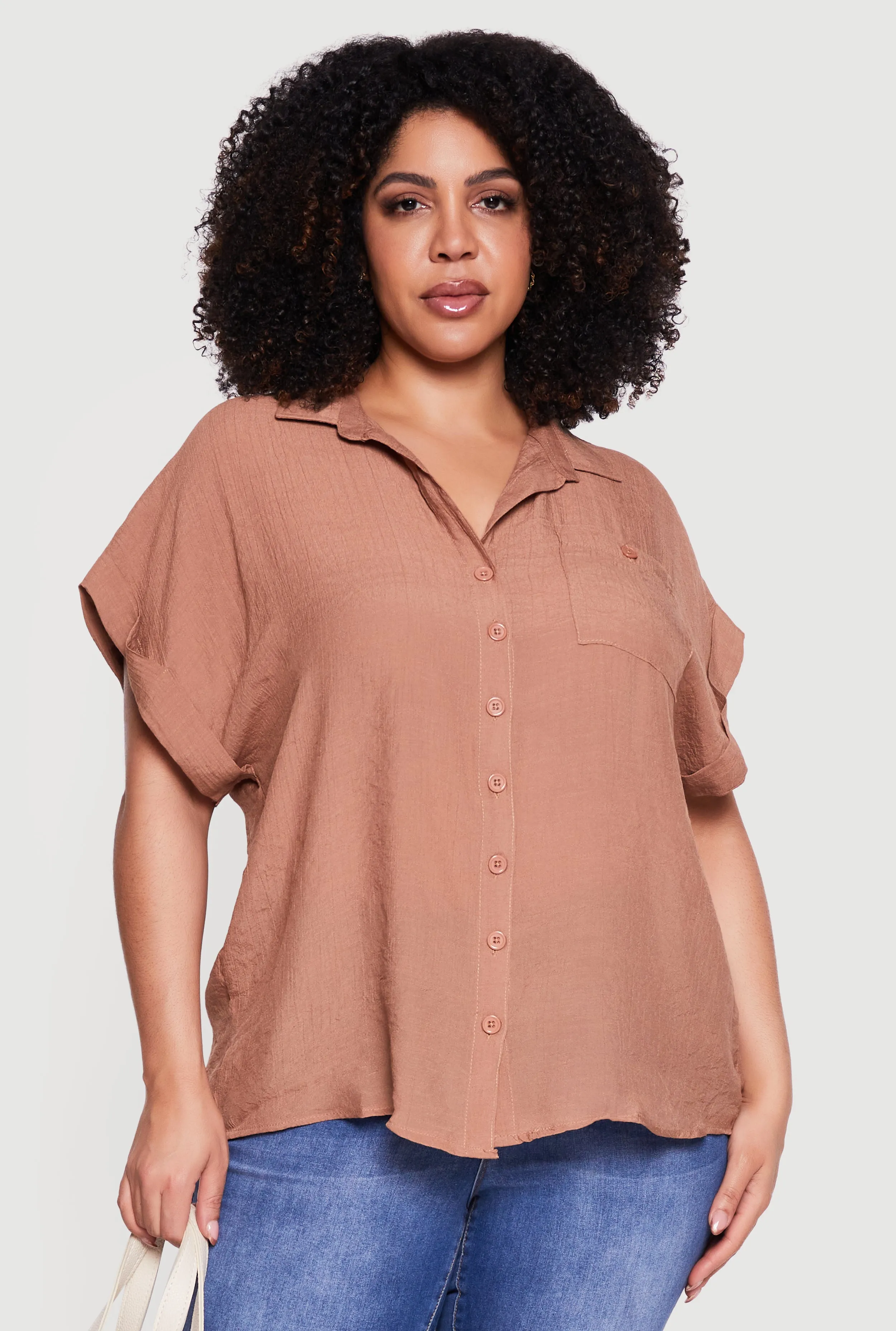 Plus Size Solid Gauze Knit Short Sleeve Button Front Shirt sold by Rainbow product image thumbnail 2
